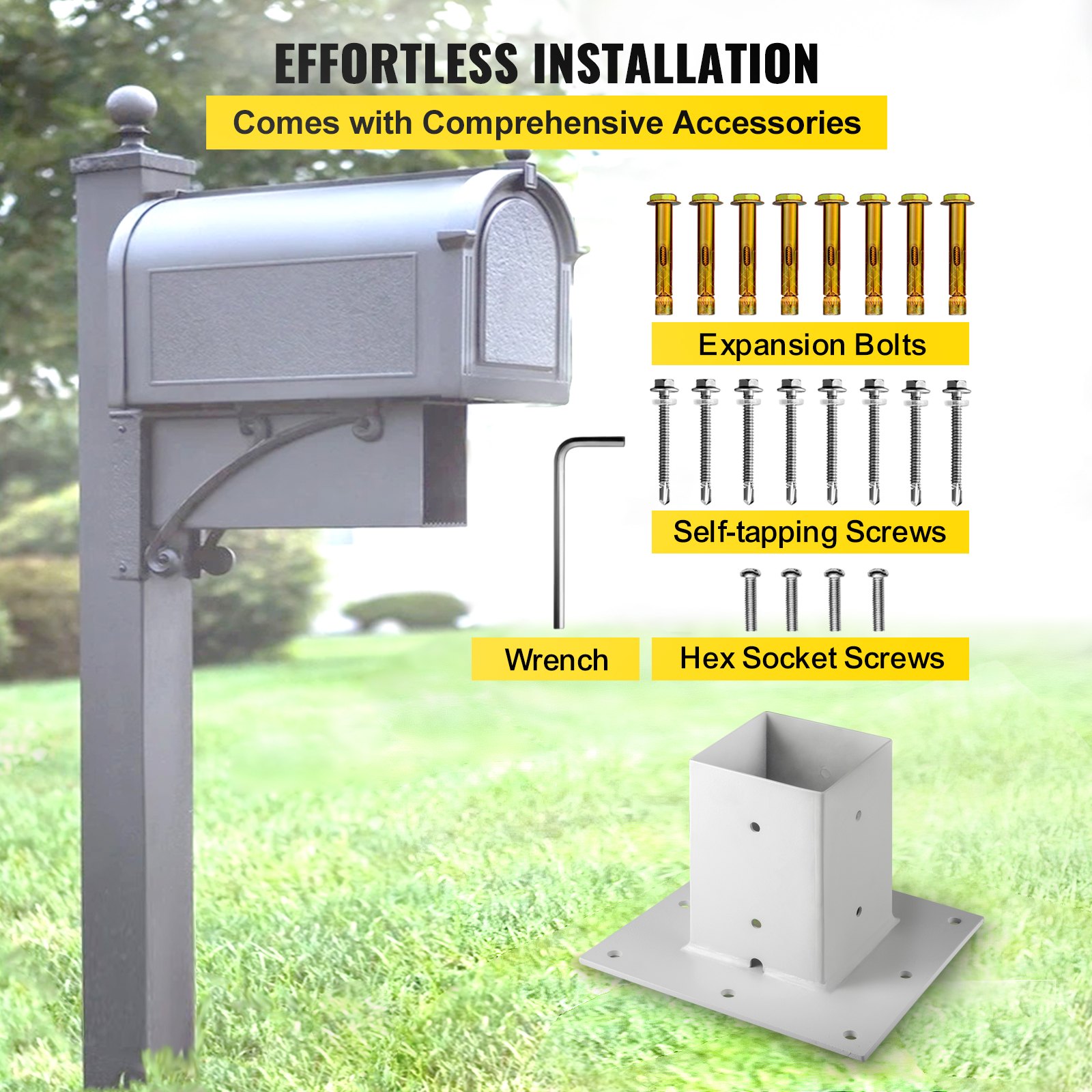 VEVOR Post Base, 4"x4" Mailbox Base Plate, White Powder-Coated Fence Post Anchor, Q235 Steel Deck Post Base, Surface Mount Base Plate for Mailbox Post Deck Supports Porch Railing Post Holders