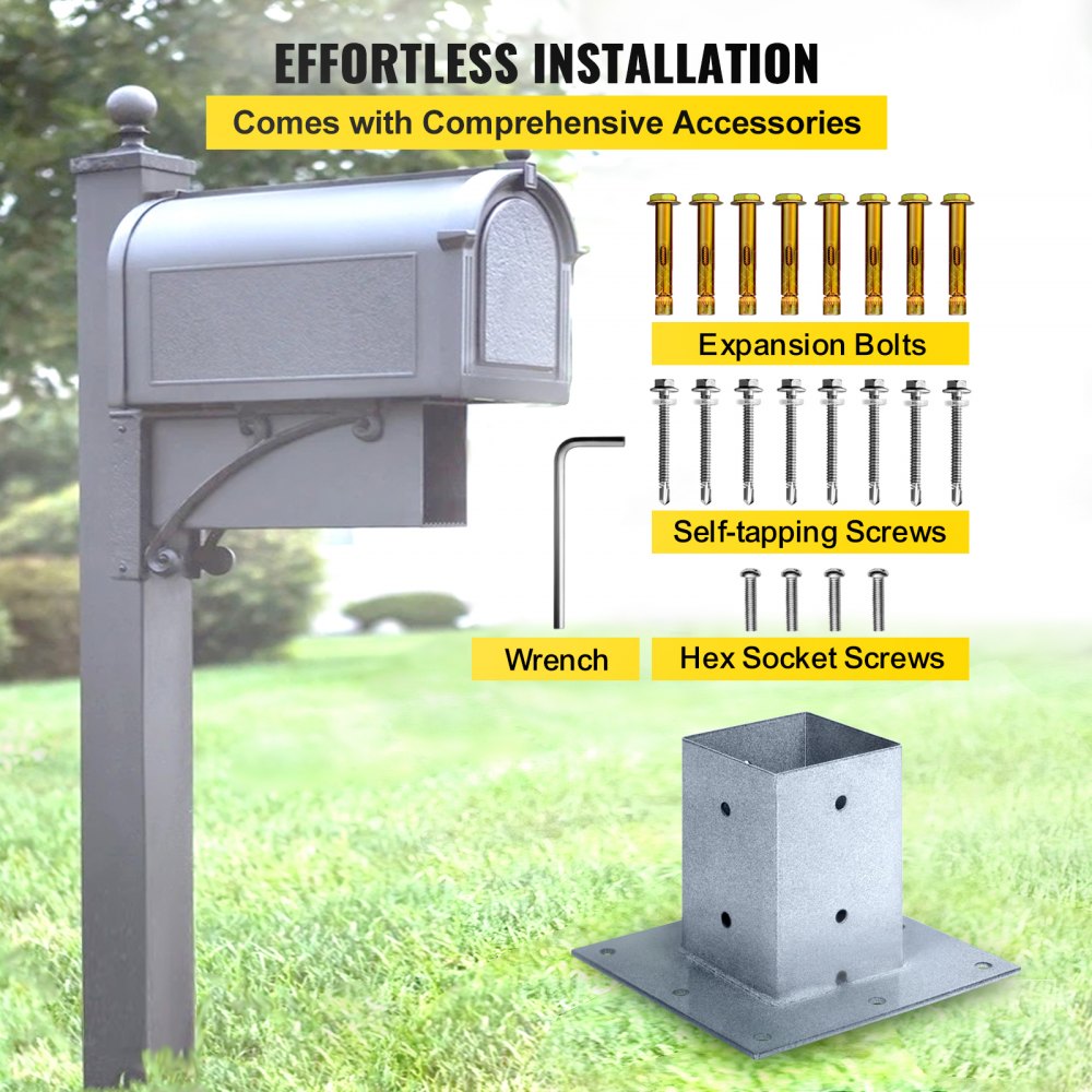VEVOR Post Base, 4"x4" Mailbox Base Plate, Granite Powder-Coated Fence Post Anchor, Q235 Steel Deck Post Base, Surface Mount Base Plate for Mailbox Post Deck Supports Porch Railing Post Holders