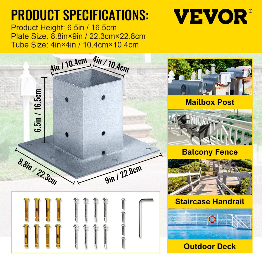 VEVOR Post Base, 4"x4" Mailbox Base Plate, Granite Powder-Coated Fence Post Anchor, Q235 Steel Deck Post Base, Surface Mount Base Plate for Mailbox Post Deck Supports Porch Railing Post Holders