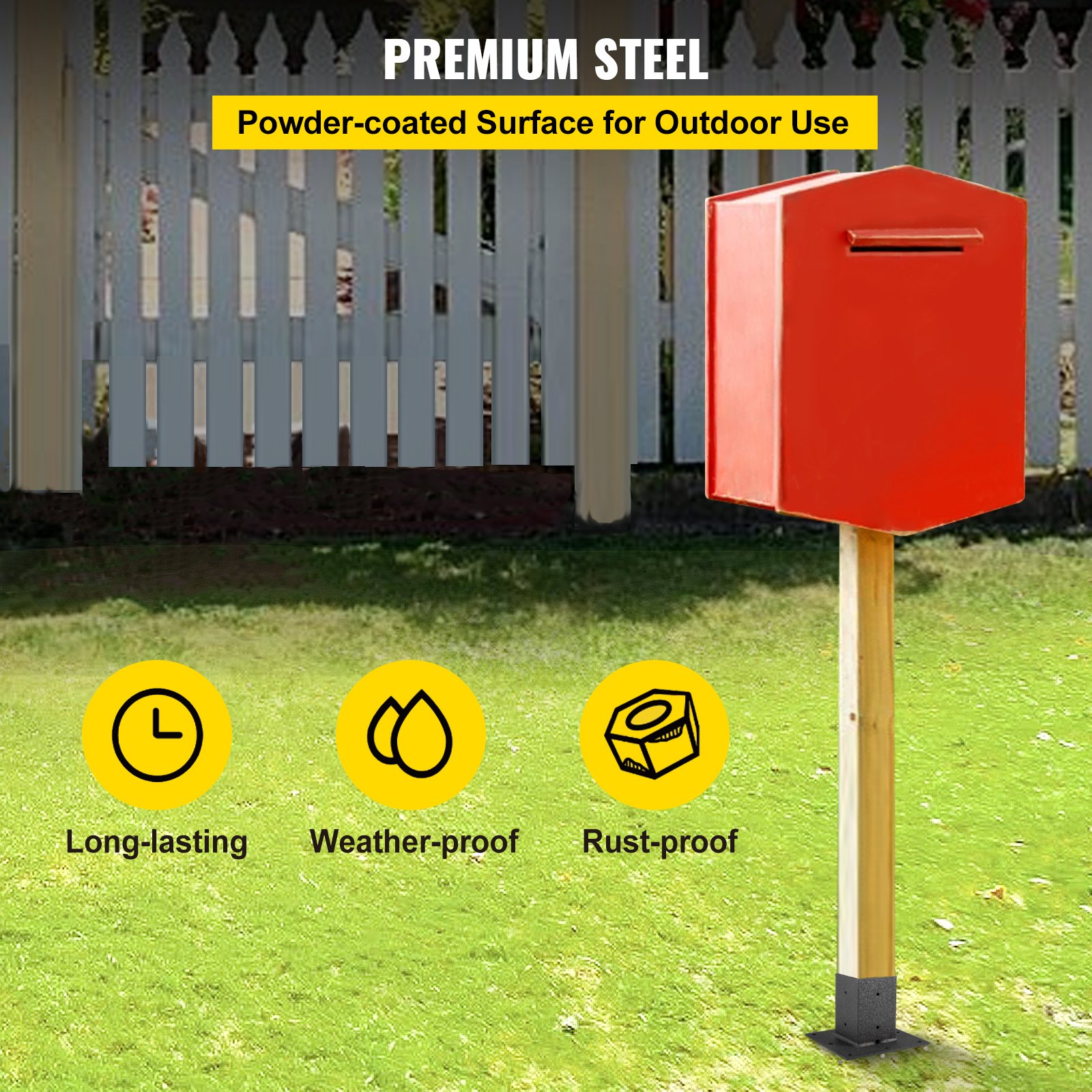 VEVOR Post Base, 4"x4" Mailbox Base Plate, Black Powder-Coated Fence Post Anchor, Q235 Steel Deck Post Base, Surface Mount Base Plate for Mailbox Post Deck Supports Porch Railing Post Holders