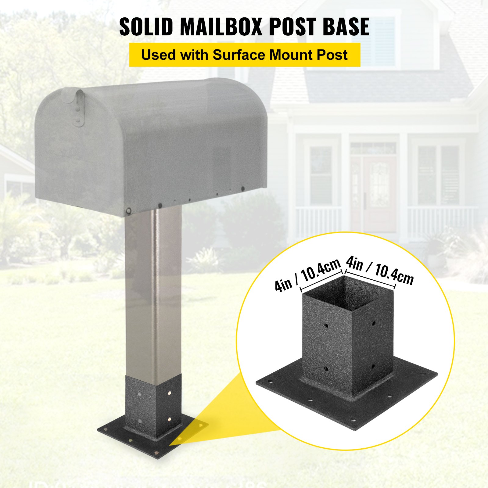 VEVOR Post Base, 4"x4" Mailbox Base Plate, Black Powder-Coated Fence Post Anchor, Q235 Steel Deck Post Base, Surface Mount Base Plate for Mailbox Post Deck Supports Porch Railing Post Holders