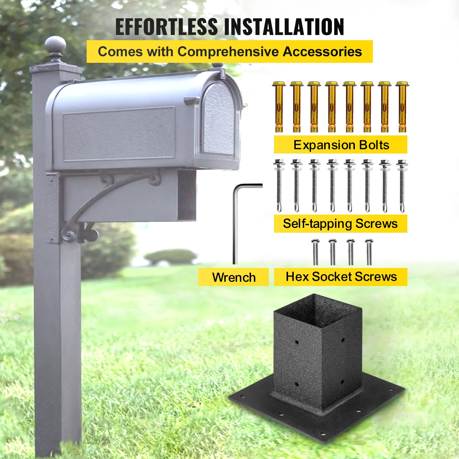 VEVOR Post Base, 4"x4" Mailbox Base Plate, Black Powder-Coated Fence Post Anchor, Q235 Steel Deck Post Base, Surface Mount Base Plate for Mailbox Post Deck Supports Porch Railing Post Holders
