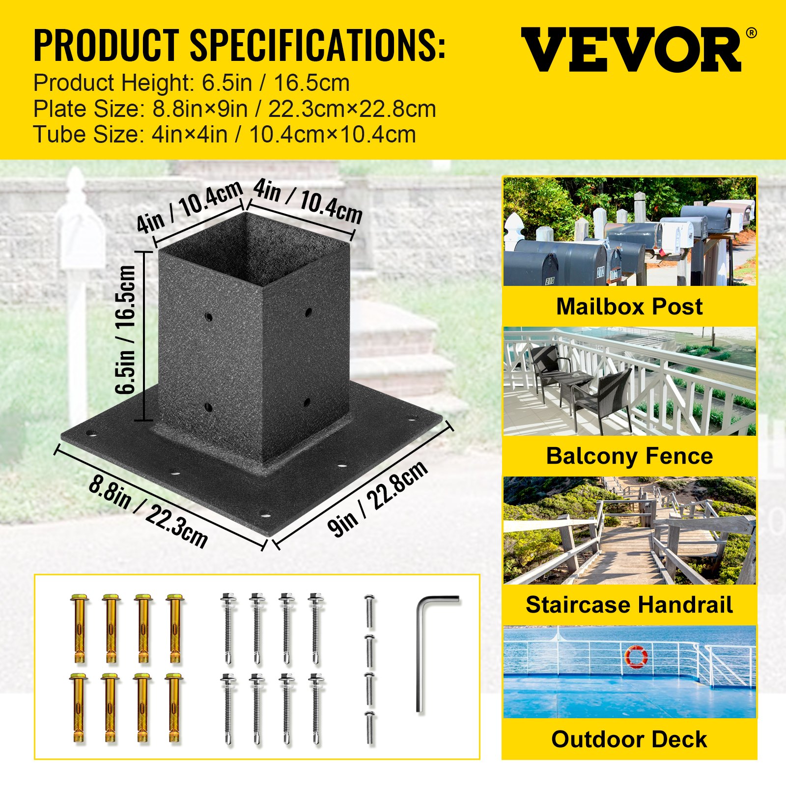 VEVOR Post Base, 4"x4" Mailbox Base Plate, Black Powder-Coated Fence Post Anchor, Q235 Steel Deck Post Base, Surface Mount Base Plate for Mailbox Post Deck Supports Porch Railing Post Holders