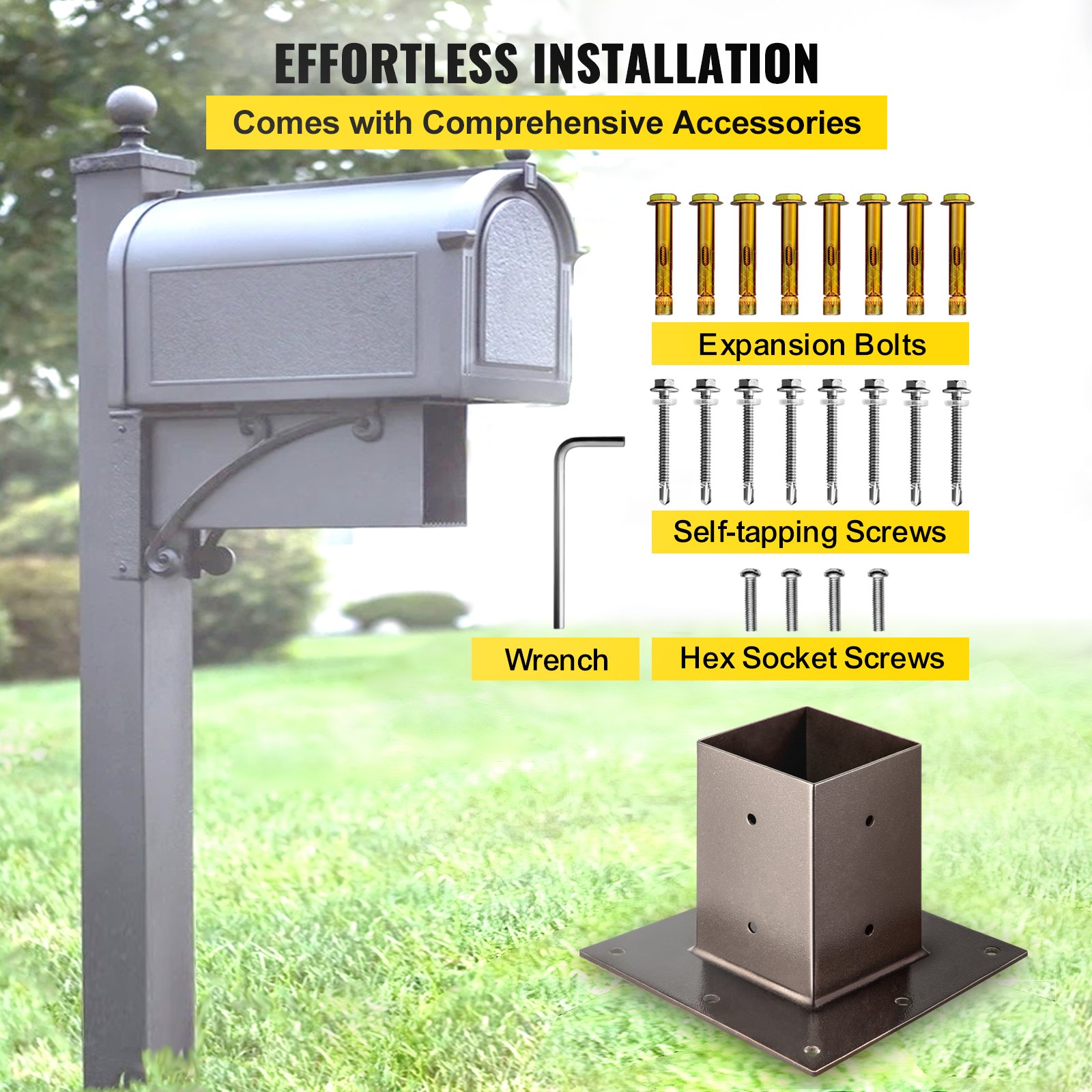 VEVOR Post Base, 4"x4" Mailbox Base Plate, Bronze Powder-Coated Fence Post Anchor, Q235 Steel Deck Post Base, Surface Mount Base Plate for Mailbox Post Deck Supports Porch Railing Post Holders
