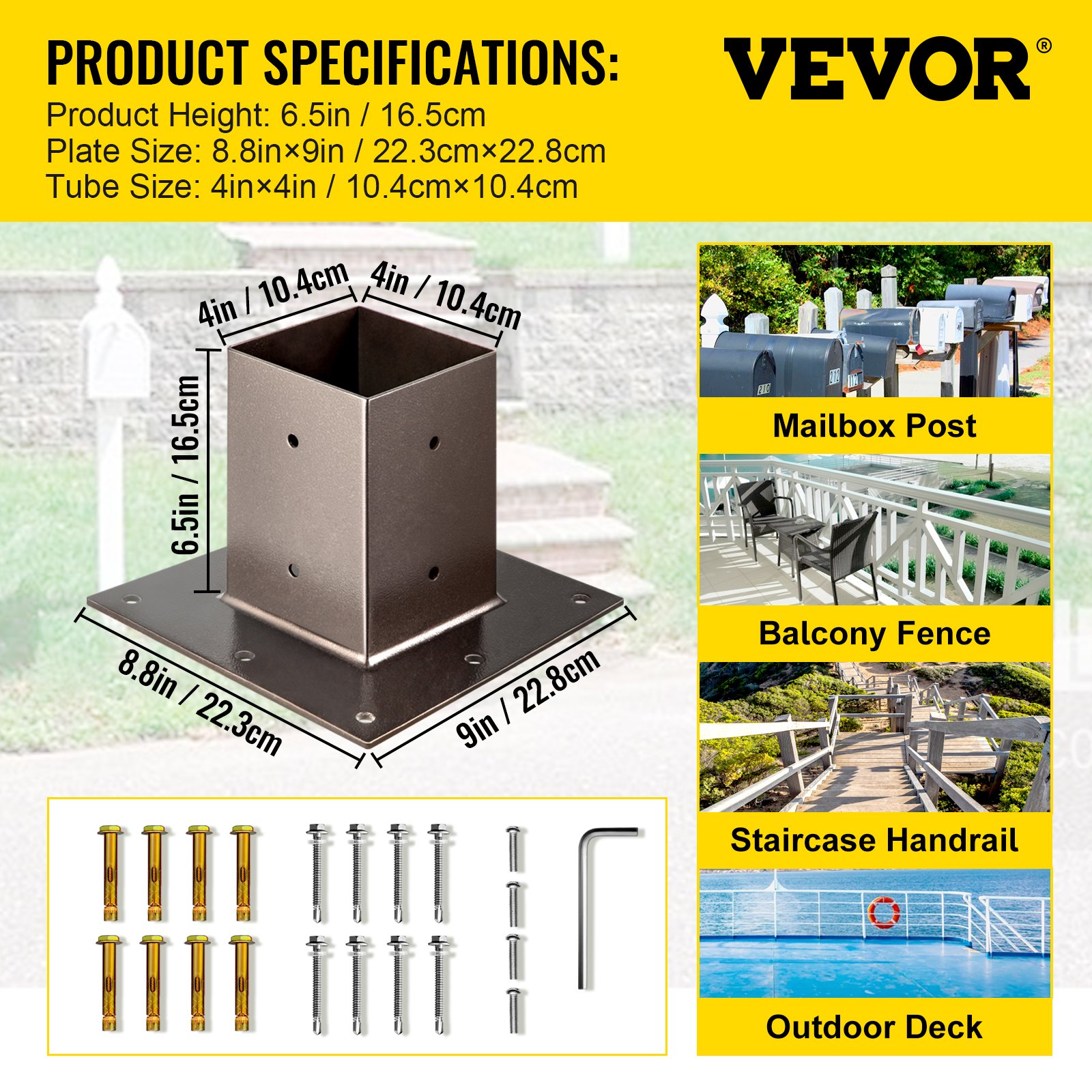 VEVOR Post Base, 4"x4" Mailbox Base Plate, Bronze Powder-Coated Fence Post Anchor, Q235 Steel Deck Post Base, Surface Mount Base Plate for Mailbox Post Deck Supports Porch Railing Post Holders