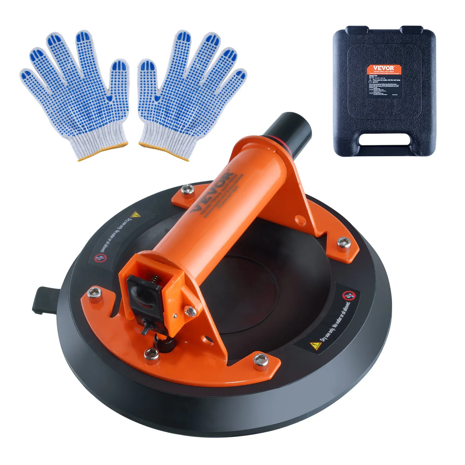 VEVOR glass suction cup with ergonomic handle, safety gloves, and sturdy carrying case.