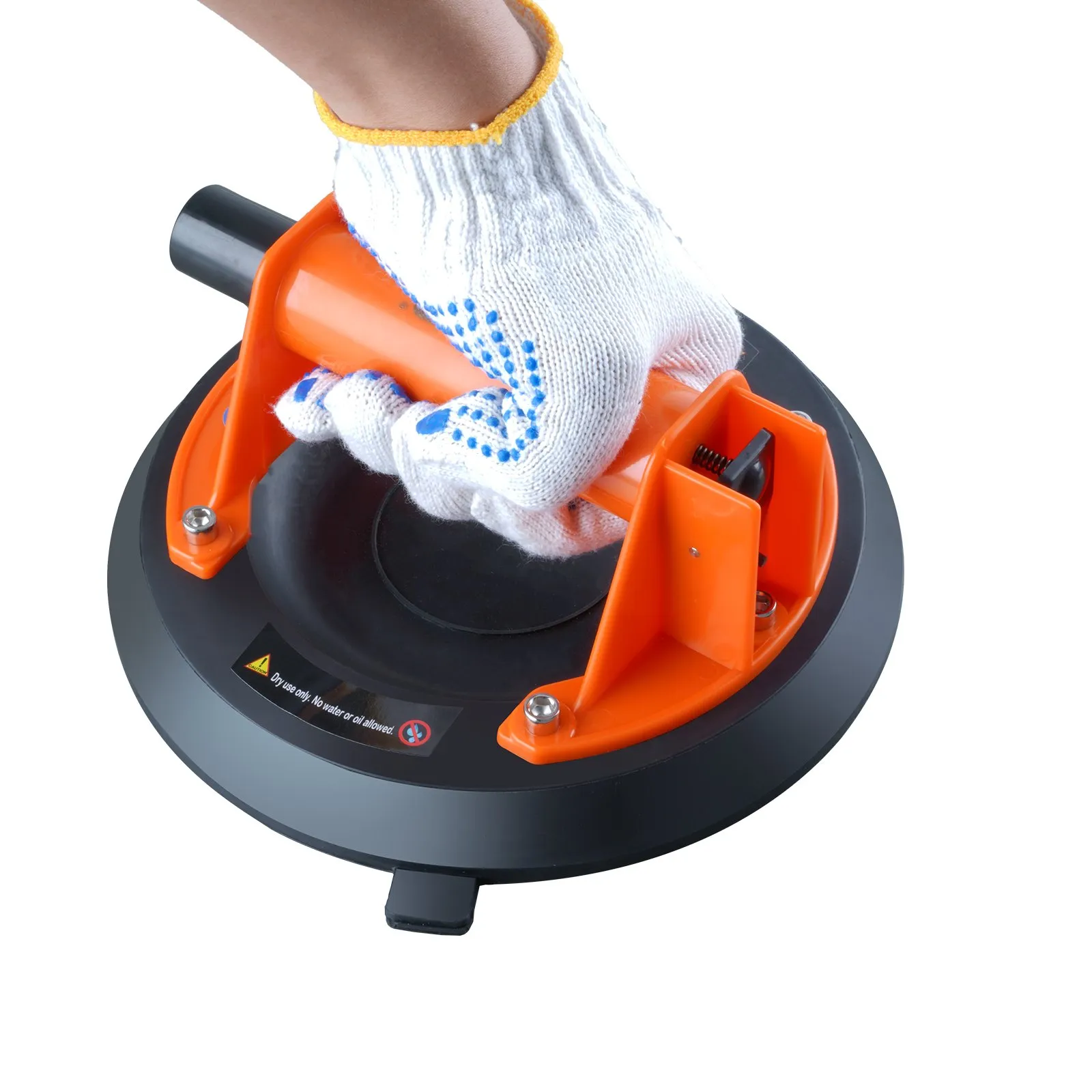 hand in safety glove using the VEVOR glass suction cup with an orange handle and black base.