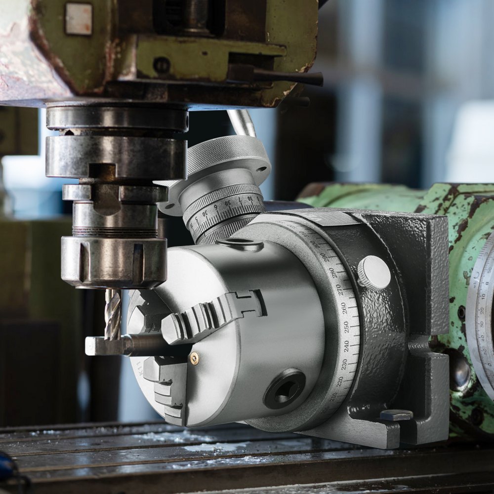 VEVOR rotary table attached to an industrial milling machine, showcasing precision and durability in use.
