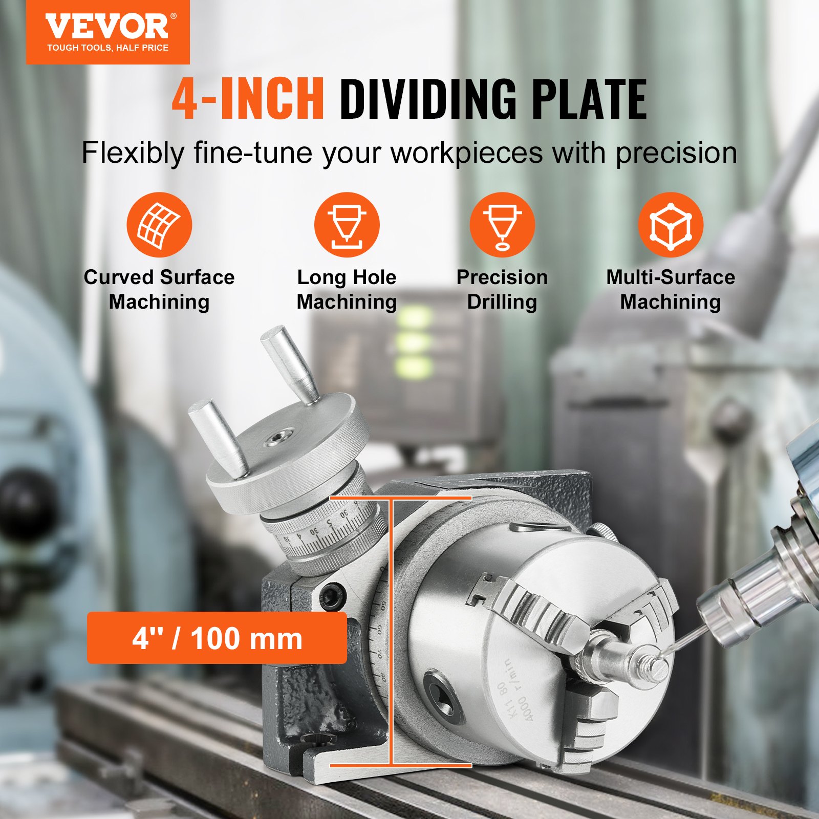 VEVOR rotary table, 4-inch dividing plate on a machining device with precision adjustment features.