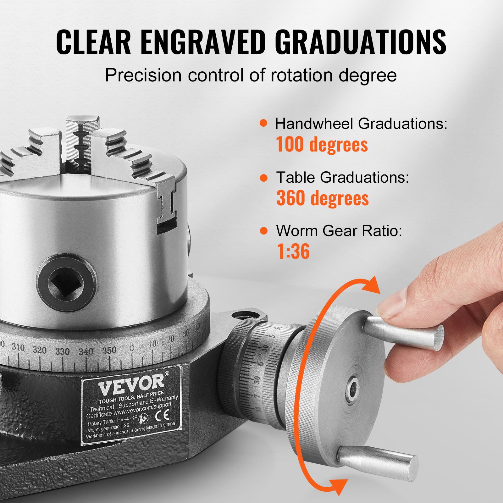 VEVOR rotary table with clear graduations for handwheel, table, and worm gear ratio 1:36.