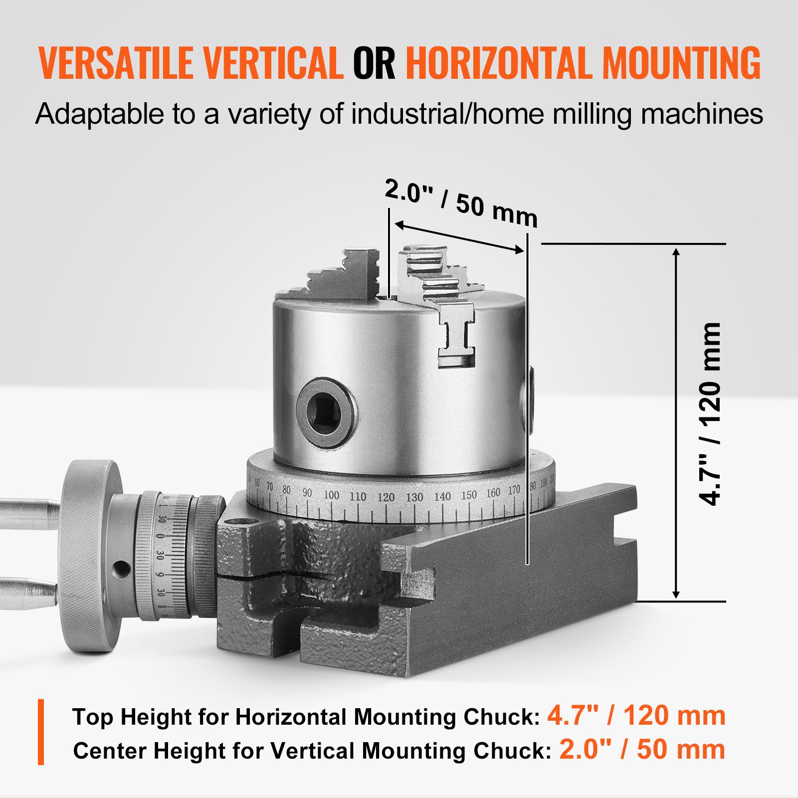 VEVOR rotary table with versatile vertical or horizontal mounting for milling machines, measurements shown.