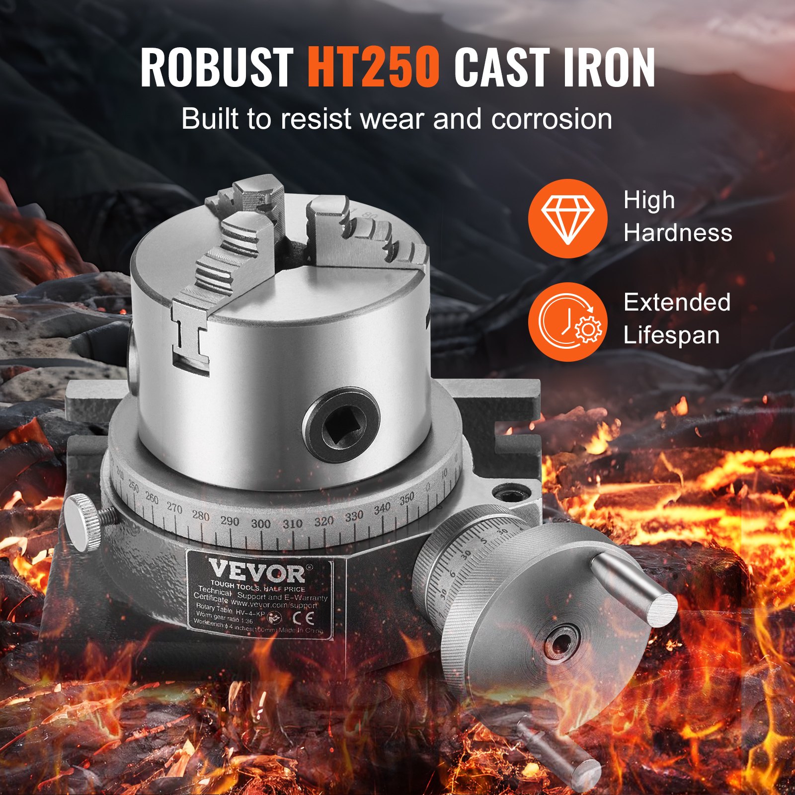 VEVOR rotary table made of robust ht250 cast iron, surrounded by flames and highlighting high hardness.