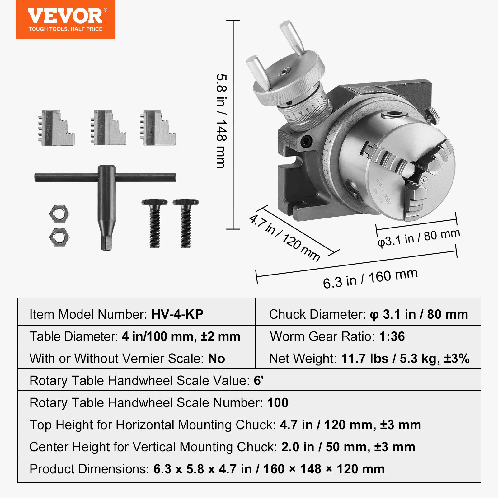 VEVOR rotary table, model hv-4-kp, with 4-inch diameter, 80 mm chuck, and 1:36 worm gear ratio.