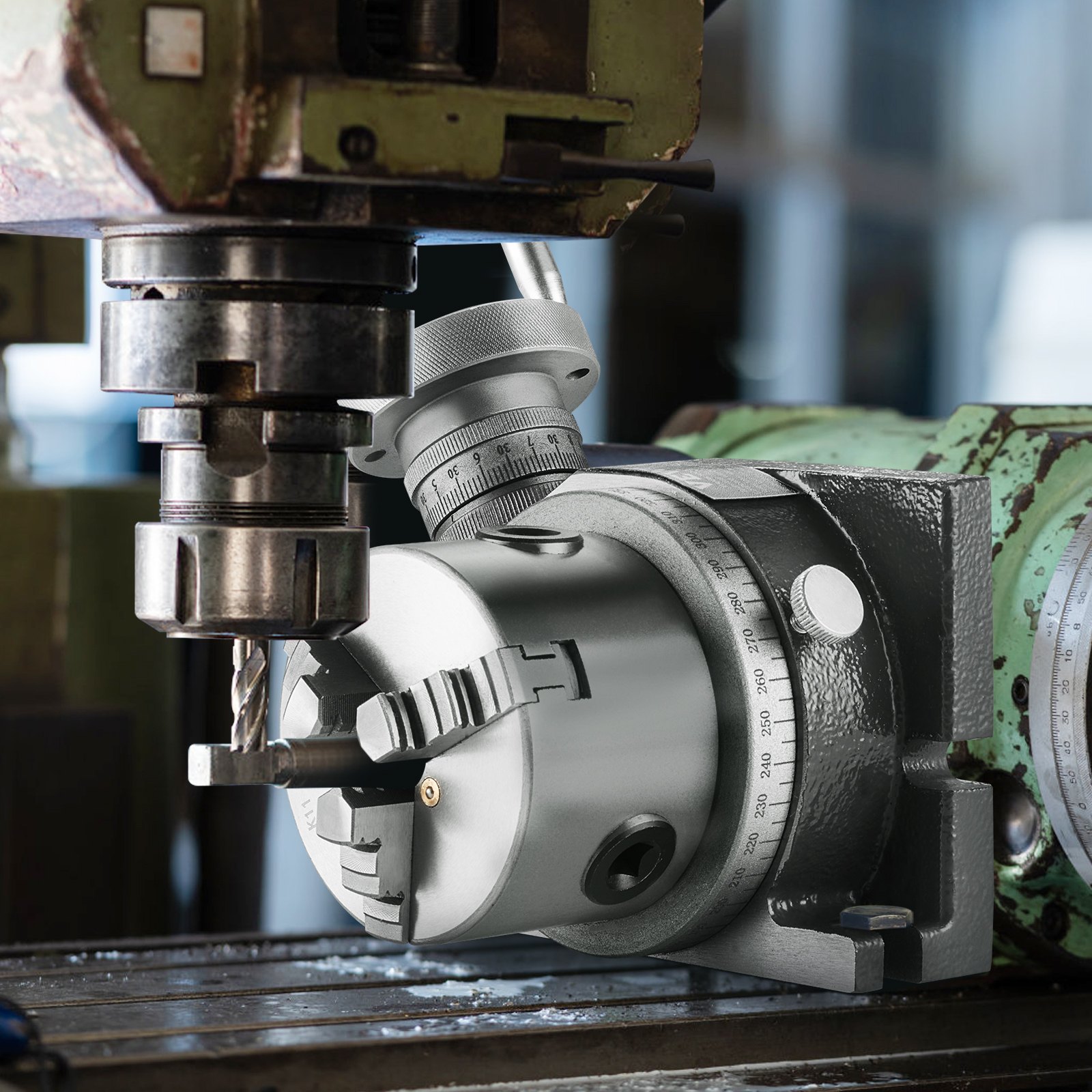 VEVOR rotary table attached to an industrial milling machine, showcasing precision and durability in use.