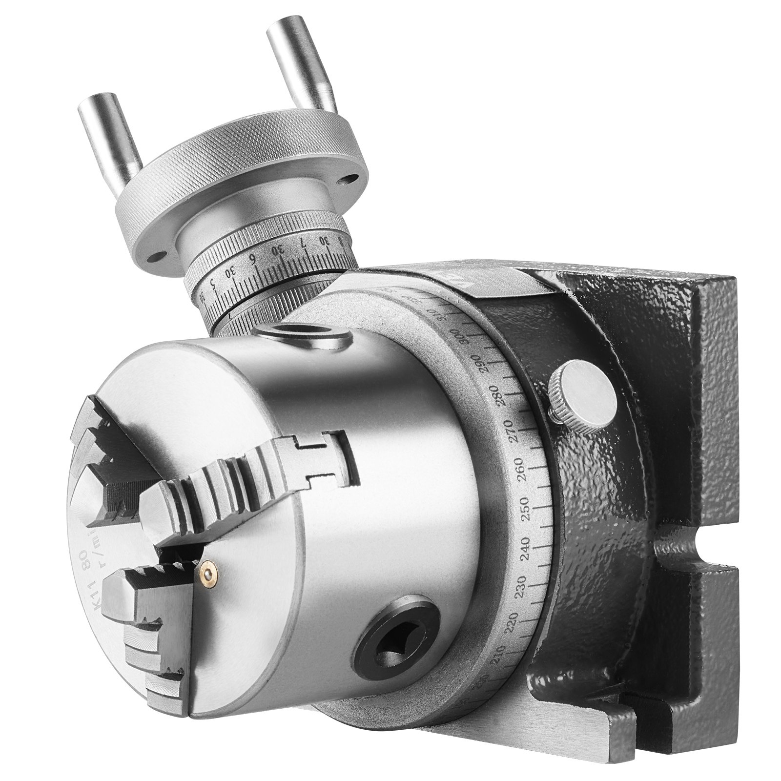 VEVOR rotary table with degree markings and adjustable handles for precise machining tasks.