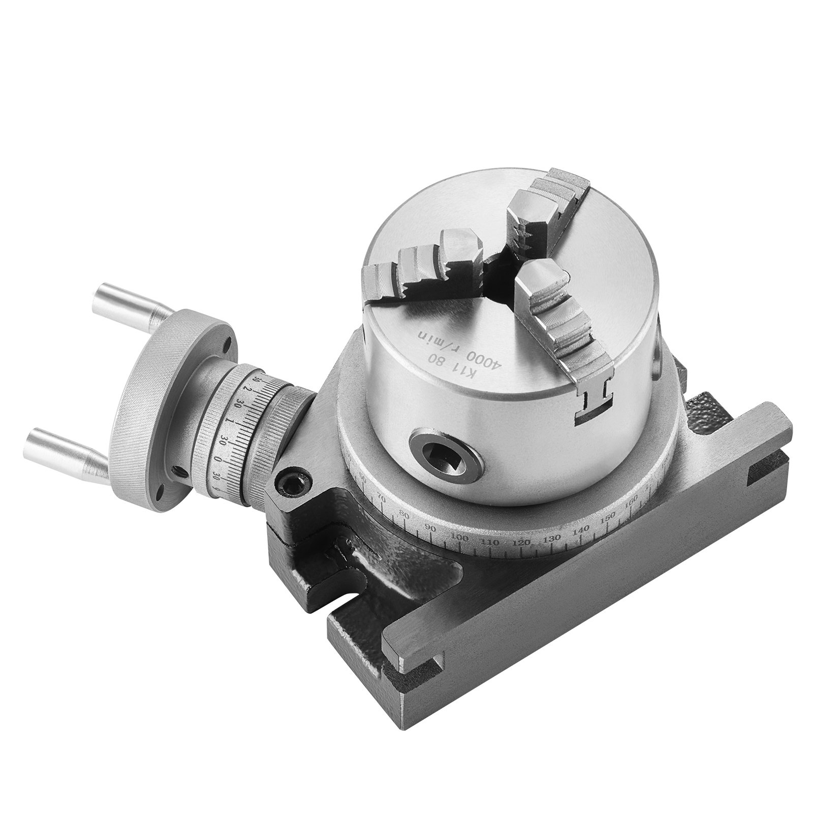VEVOR rotary table with three-jaw chuck for precision machining.
