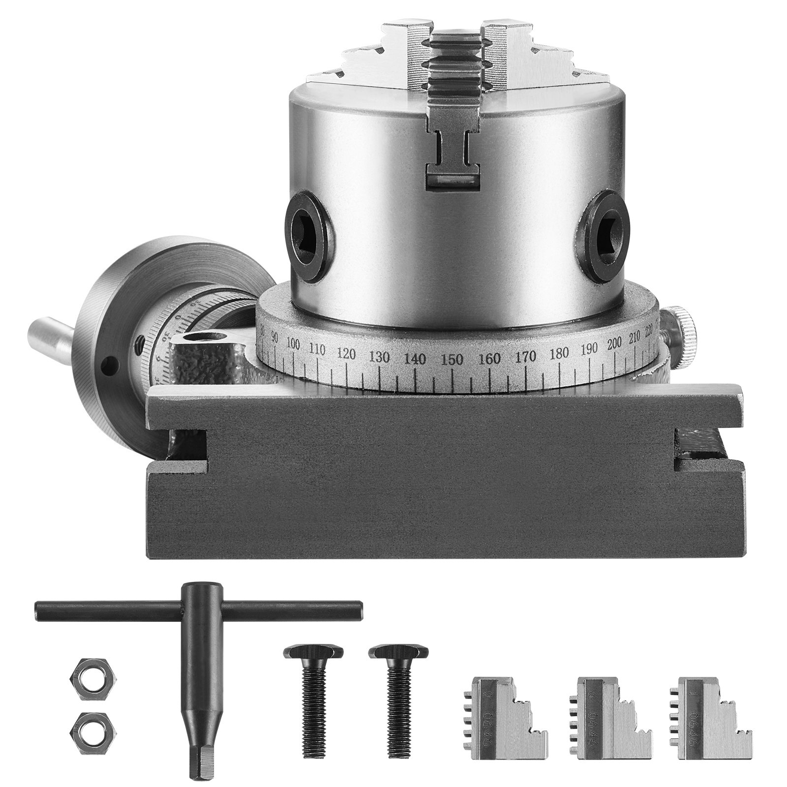 VEVOR rotary table with 4-jaw chuck, positioning scale, t-handle, and accessories included.