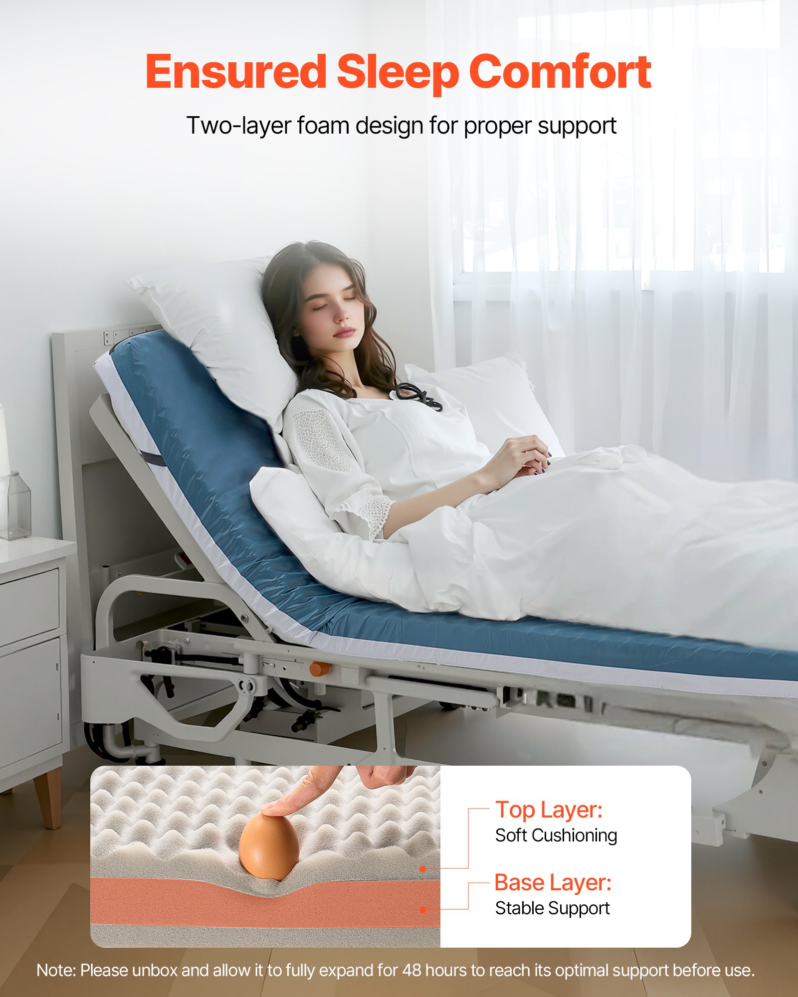 VEVOR Hospital Bed Mattress, 136 kg Load, Long Term Care Pressure Redistribution Medical-Grade Dual Layer Foam Mattress, Waterproof for Bedsore Treatment Nursing Homes & Home Care, 864 x 1930 x 89 mm