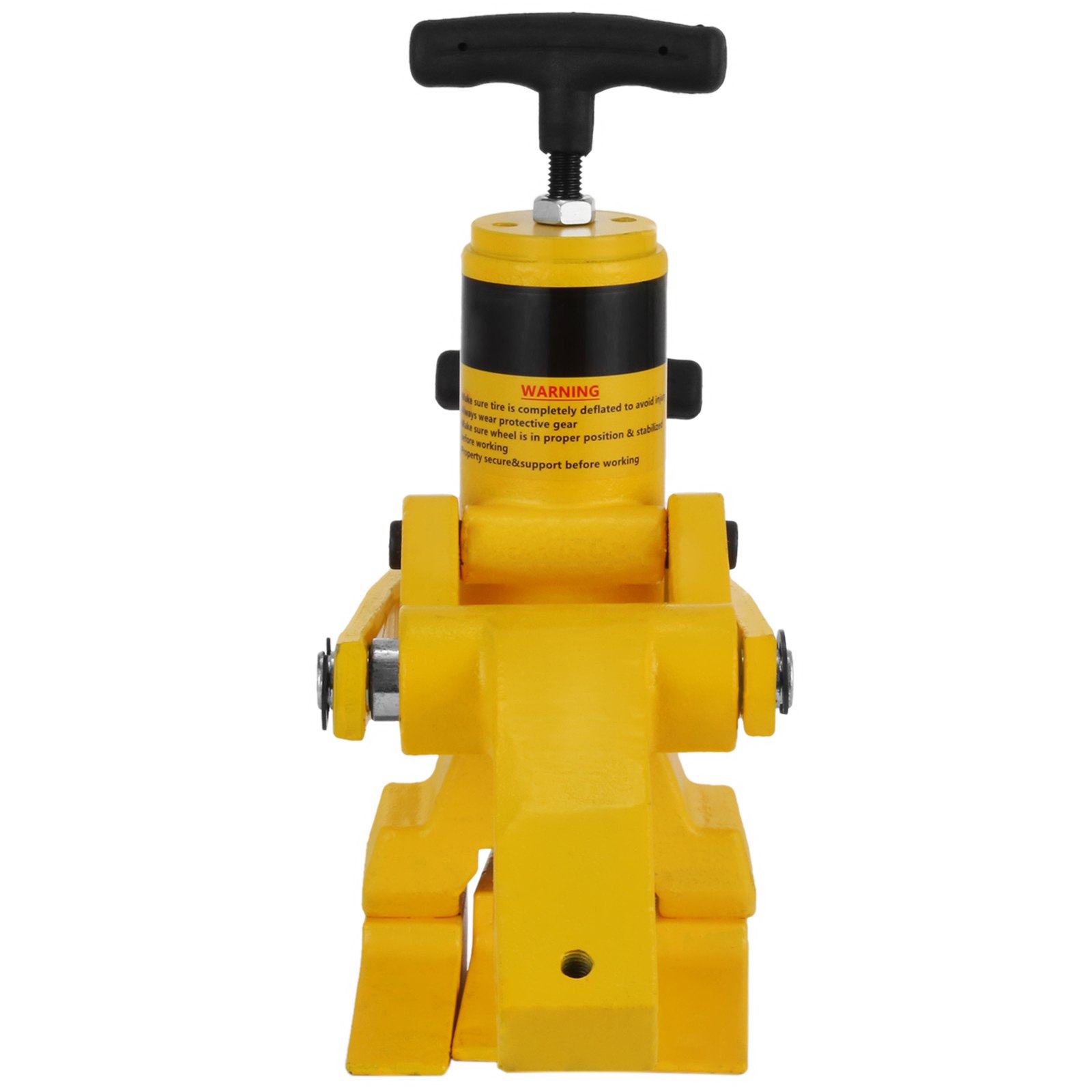 yellow VEVOR bead breaker with handle and warning label in front view.