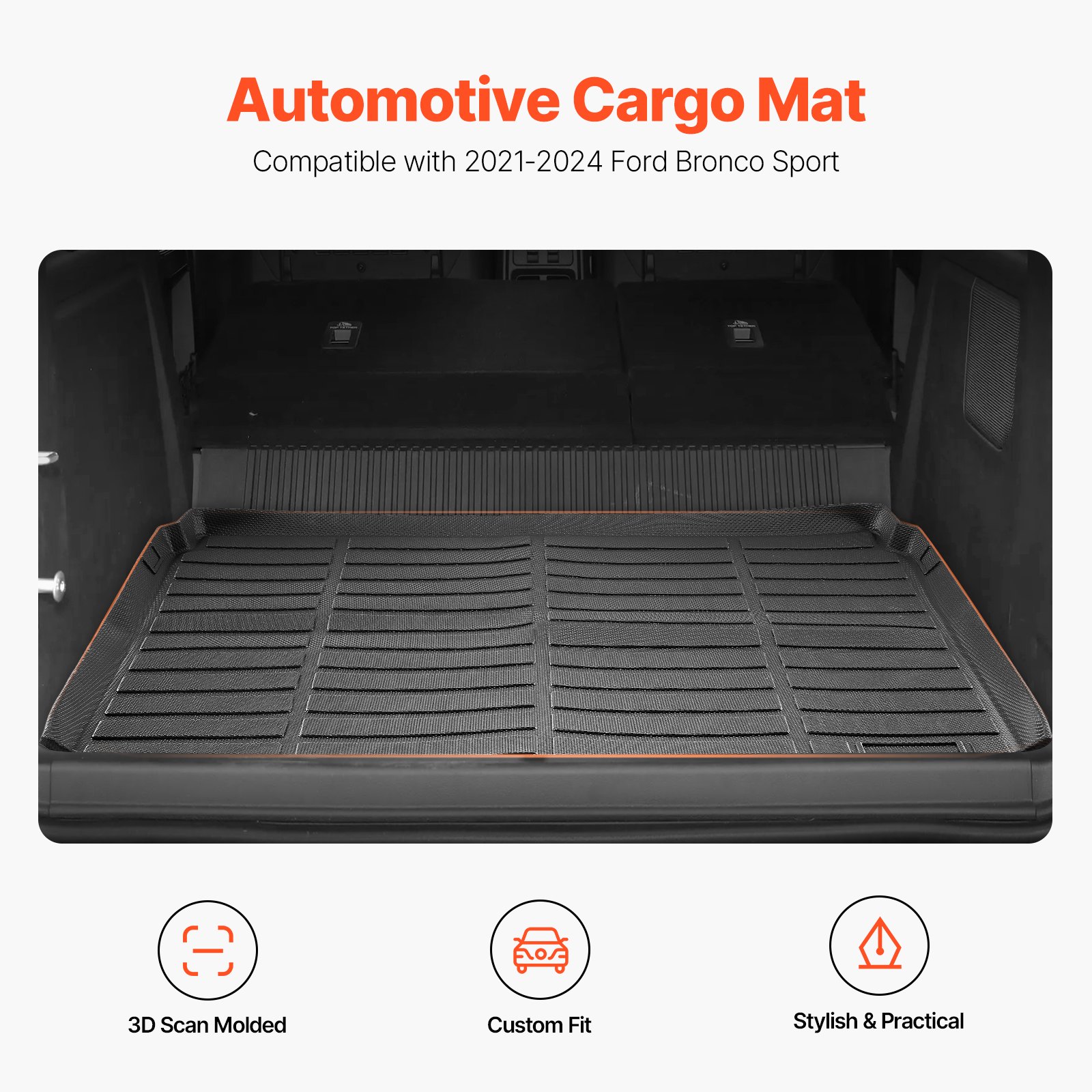 VEVOR Cargo Mat Compatible with Ford Bronco Sport 2021 2022 2023 2024, Precise Fit Trunk Mat, 3D Scanning Durable TPE Trunk Protector Replacement, Black (1PCS)