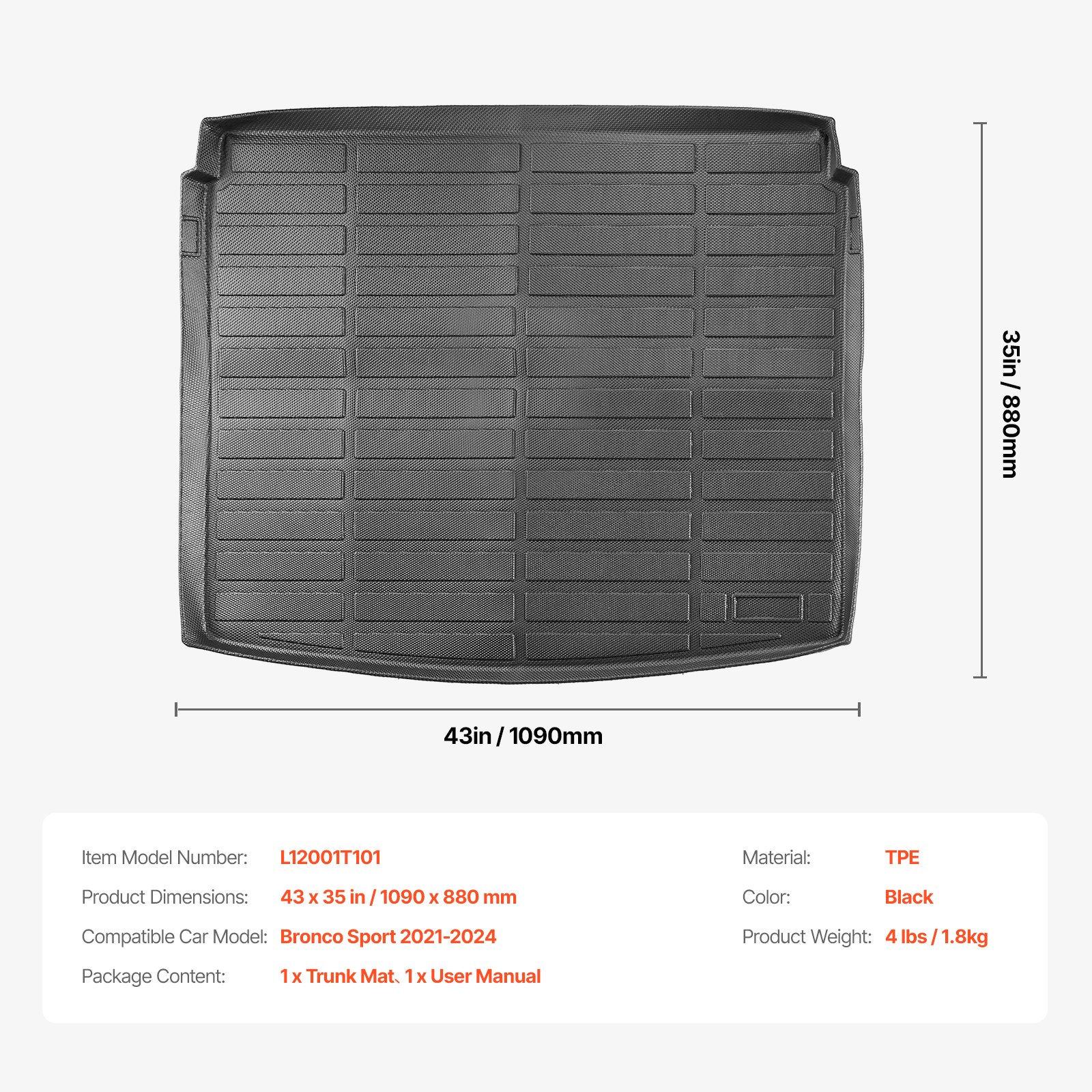 VEVOR Cargo Mat Compatible with Ford Bronco Sport 2021 2022 2023 2024, Precise Fit Trunk Mat, 3D Scanning Durable TPE Trunk Protector Replacement, Black (1PCS)