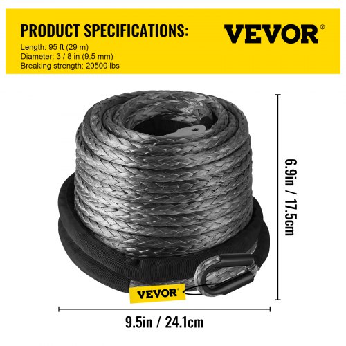 VEVOR  Winch Rope, 3/8" x 95' Synthetic Winch Rope, 20500lbs Stainless Steel Protective Sleeve, Protective Thimble Sleeve for SUV ATV UTV Truck Jeep