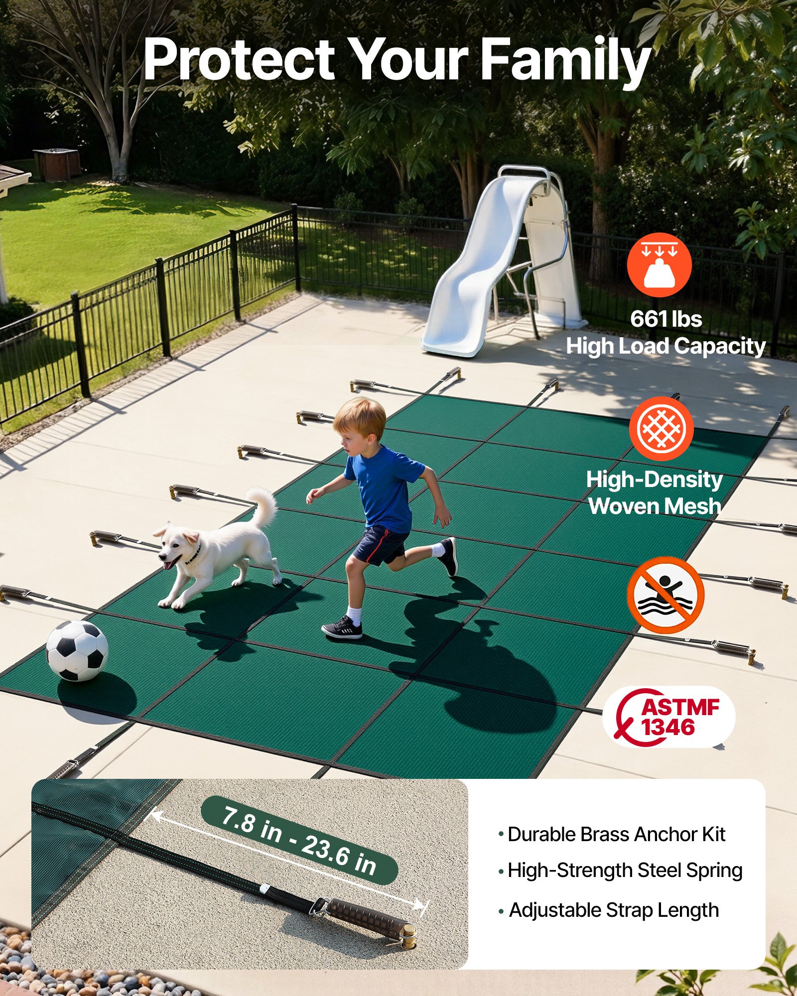 VEVOR Rectangular Safety Mesh Swimming Pool Cover 4.27 x 7.92 m Green Winter Outdoor