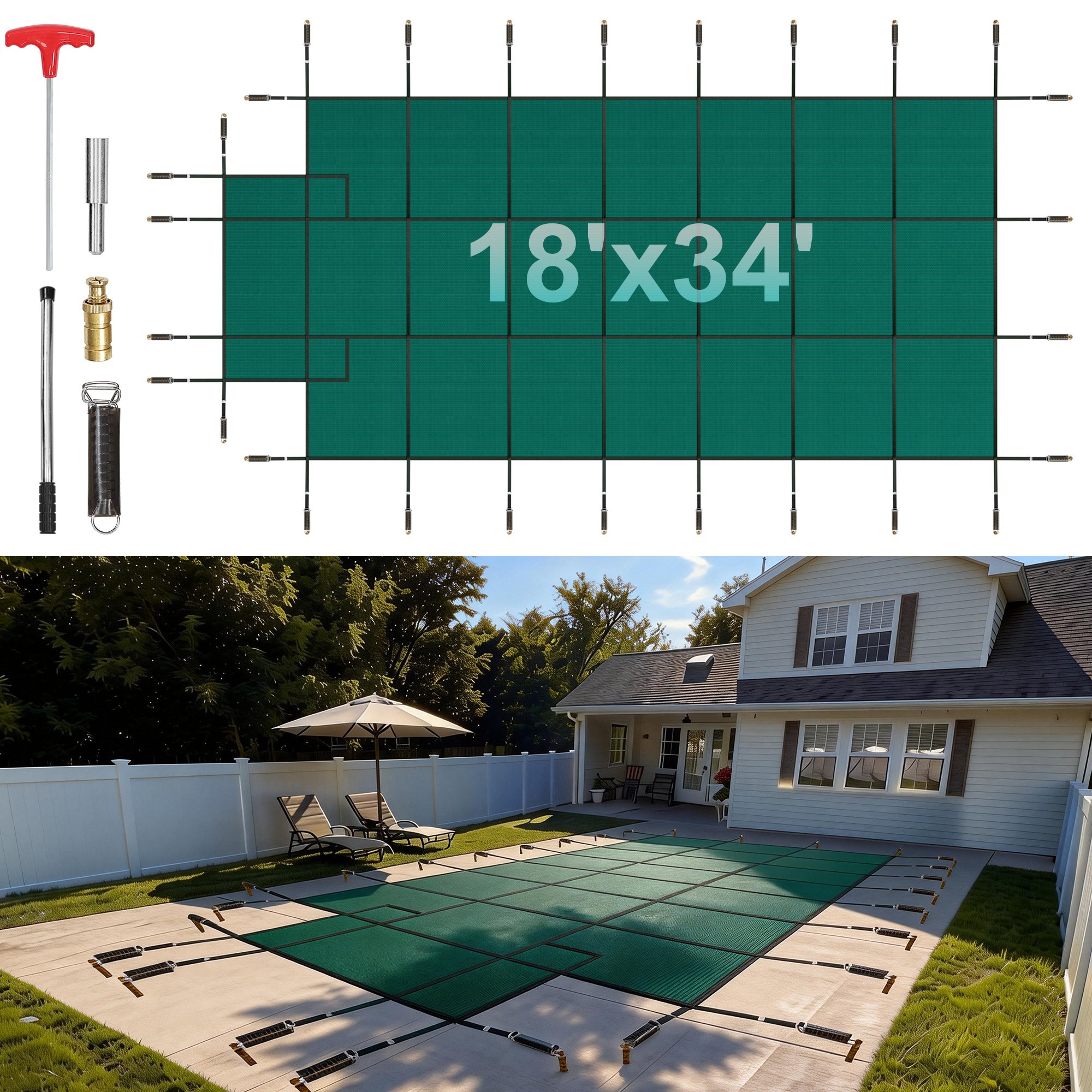 VEVOR Pool Safety Cover Fits 16x32ft Rectangle Inground Pools, Safety Pool Cover with 4x10ft Center End Step, Mesh Solid Pool Cover with Drainage Holes for Swimming Pool, Winter Safety Cover, Green