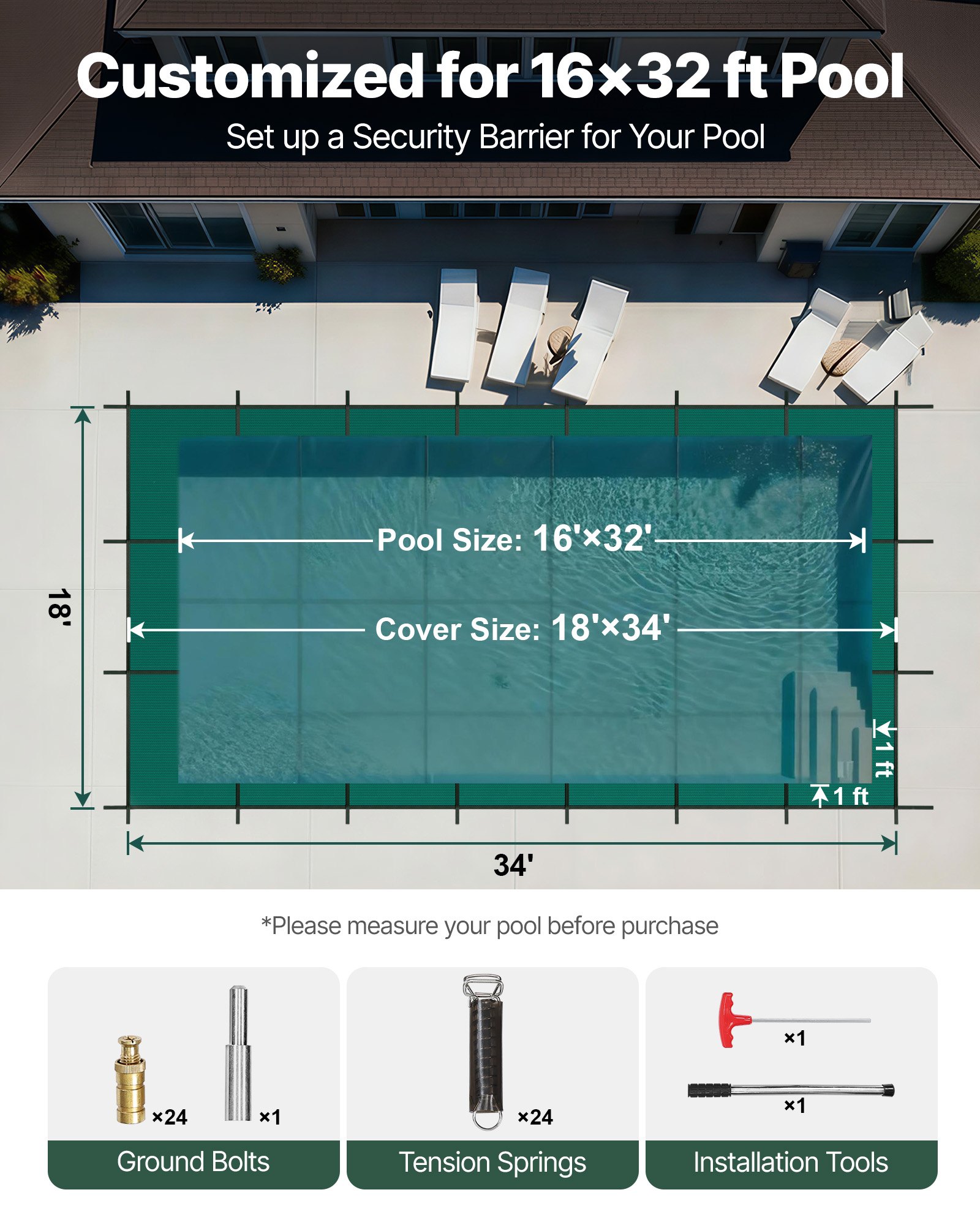 VEVOR Pool Safety Cover Fits 4.88x9.75m Rectangle Inground Pools, Safety Pool Cover with Drainage Holes, Mesh Solid Pool Cover for Swimming Pool, Winter Safety Cover, Green