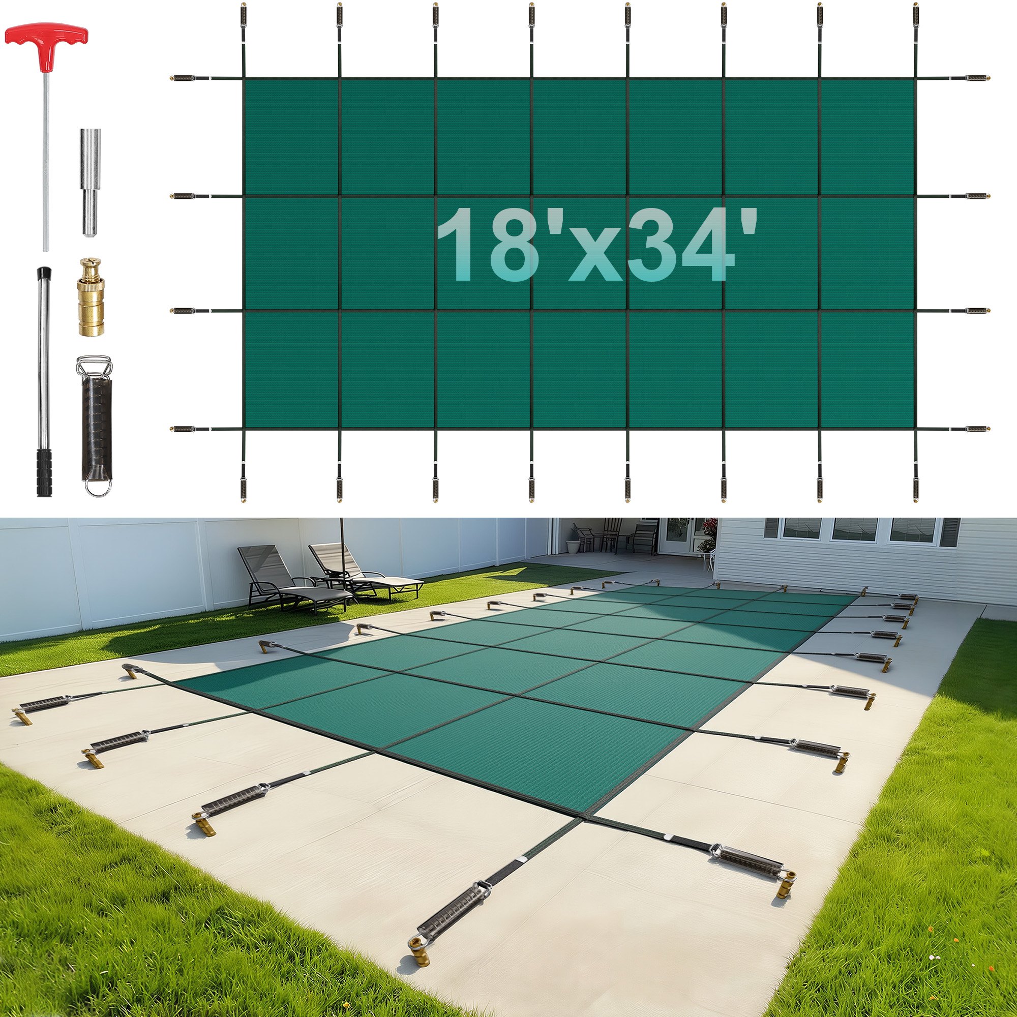 VEVOR Pool Safety Cover Fits 4.88x9.75m Rectangle Inground Pools, Safety Pool Cover with Drainage Holes, Mesh Solid Pool Cover for Swimming Pool, Winter Safety Cover, Green