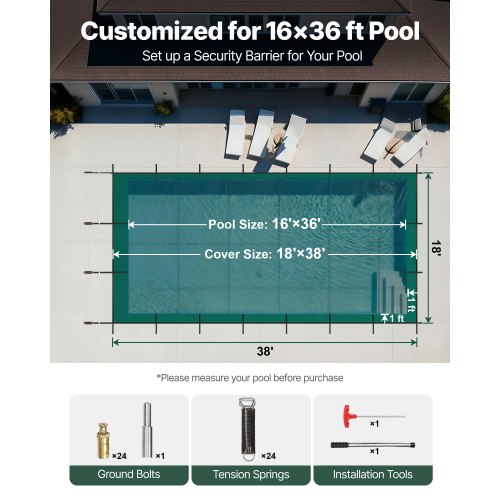 VEVOR Pool Safety Cover, Inground Pool Cover Fit for PP Material, Rectangle Inground Safety Pool Cover Green, Mesh Solid Pool Safety Cover for Swimming Pool Winter Safety Cover (16x36 ft)