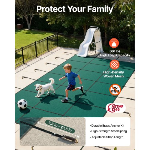 VEVOR Pool Safety Cover, Inground Pool Cover Fit for PP Material, Rectangle Inground Safety Pool Cover Green, Mesh Solid Pool Safety Cover for Swimming Pool Winter Safety Cover (16x36 ft)