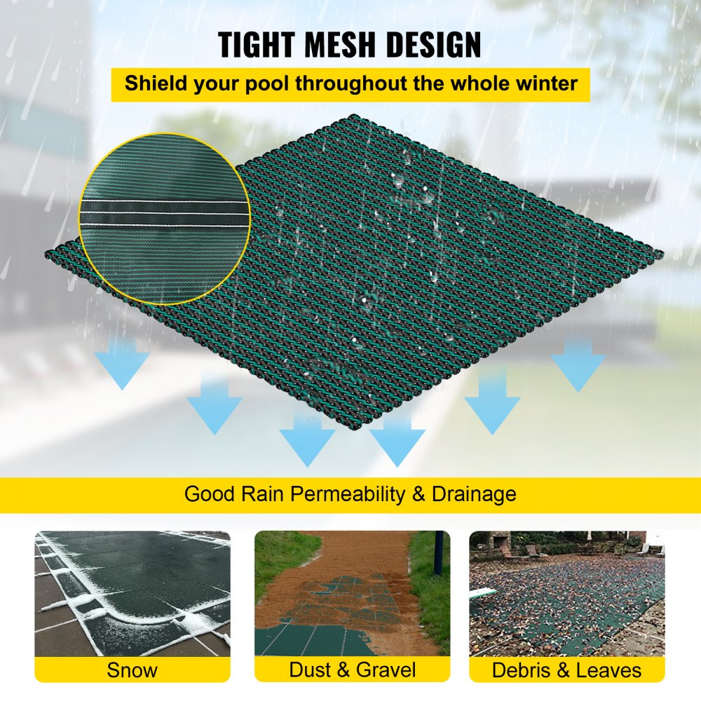 VEVOR pool safety cover with tight mesh design for winter protection and drainage.