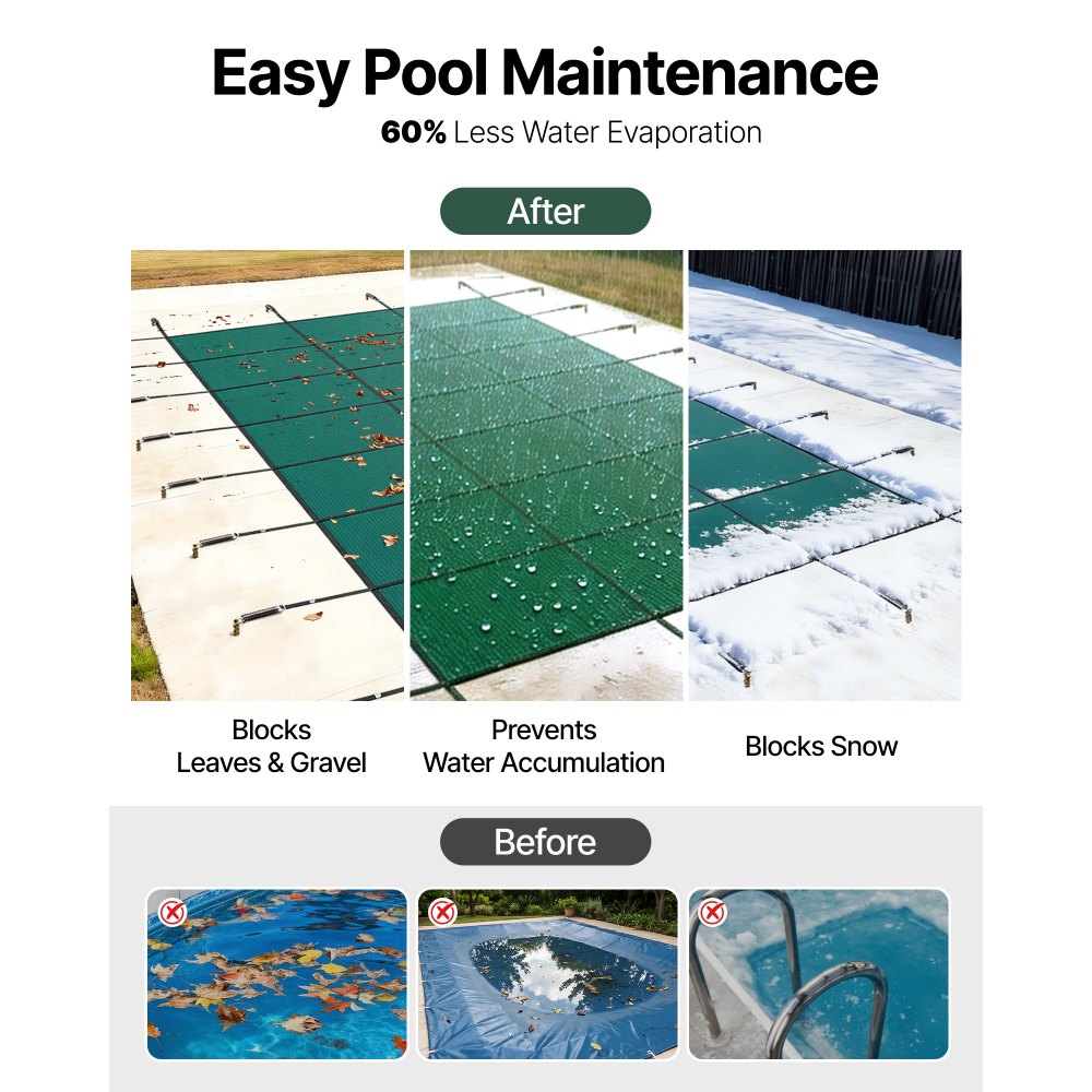 VEVOR Pool Safety Cover Fits 16x36ft Rectangle Inground Pools, Safety Pool Cover with Drainage Holes, Mesh Solid Pool Cover for Swimming Pool, Winter Safety Cover, Green