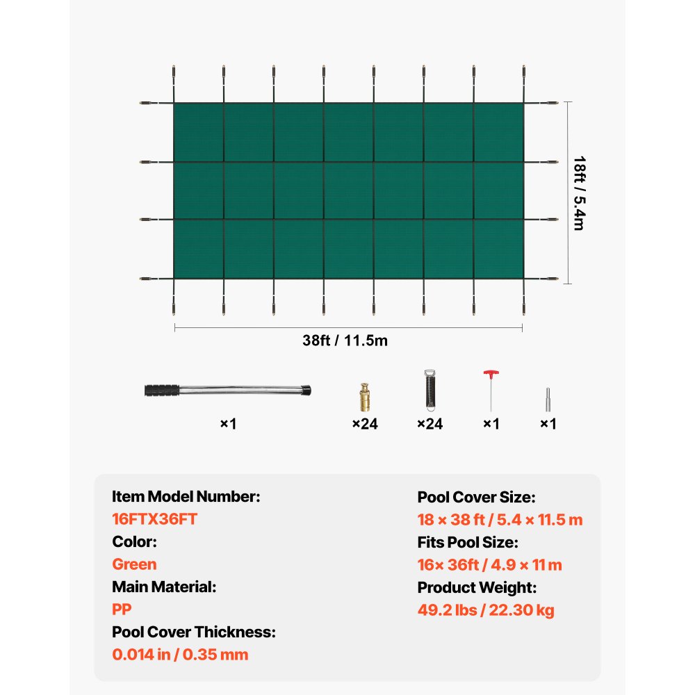 VEVOR Pool Safety Cover 5.5 x11.6 m, Inground Pool Cover fit for 4.9 x11 m Pool, Rectangle Inground Safety Pool Cover Green Mesh Solid Pool Safety Cover for Swimming Pool Winter Safety Cover