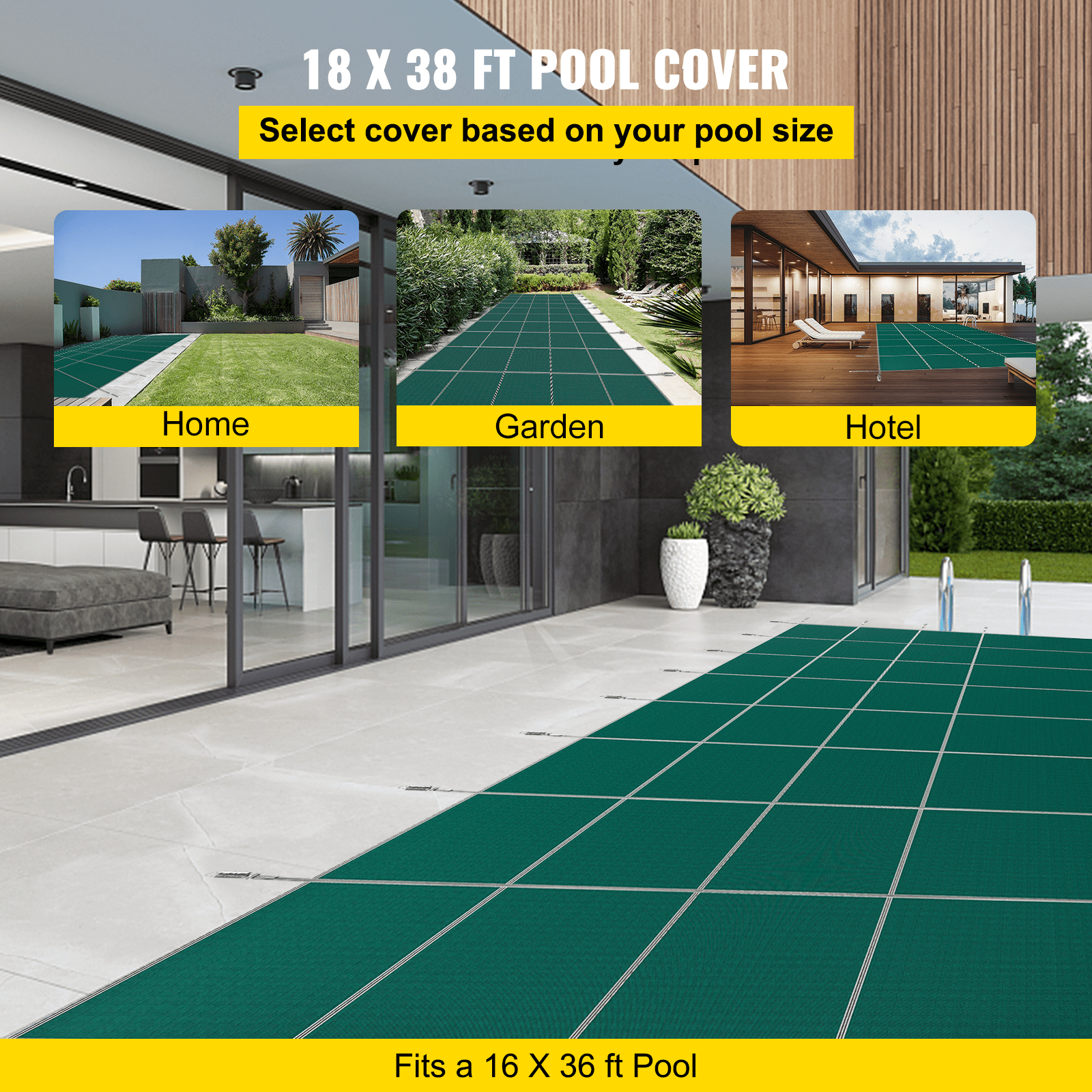 VEVOR pool safety cover for 18x38 ft pools with usage examples: home, garden, hotel.
