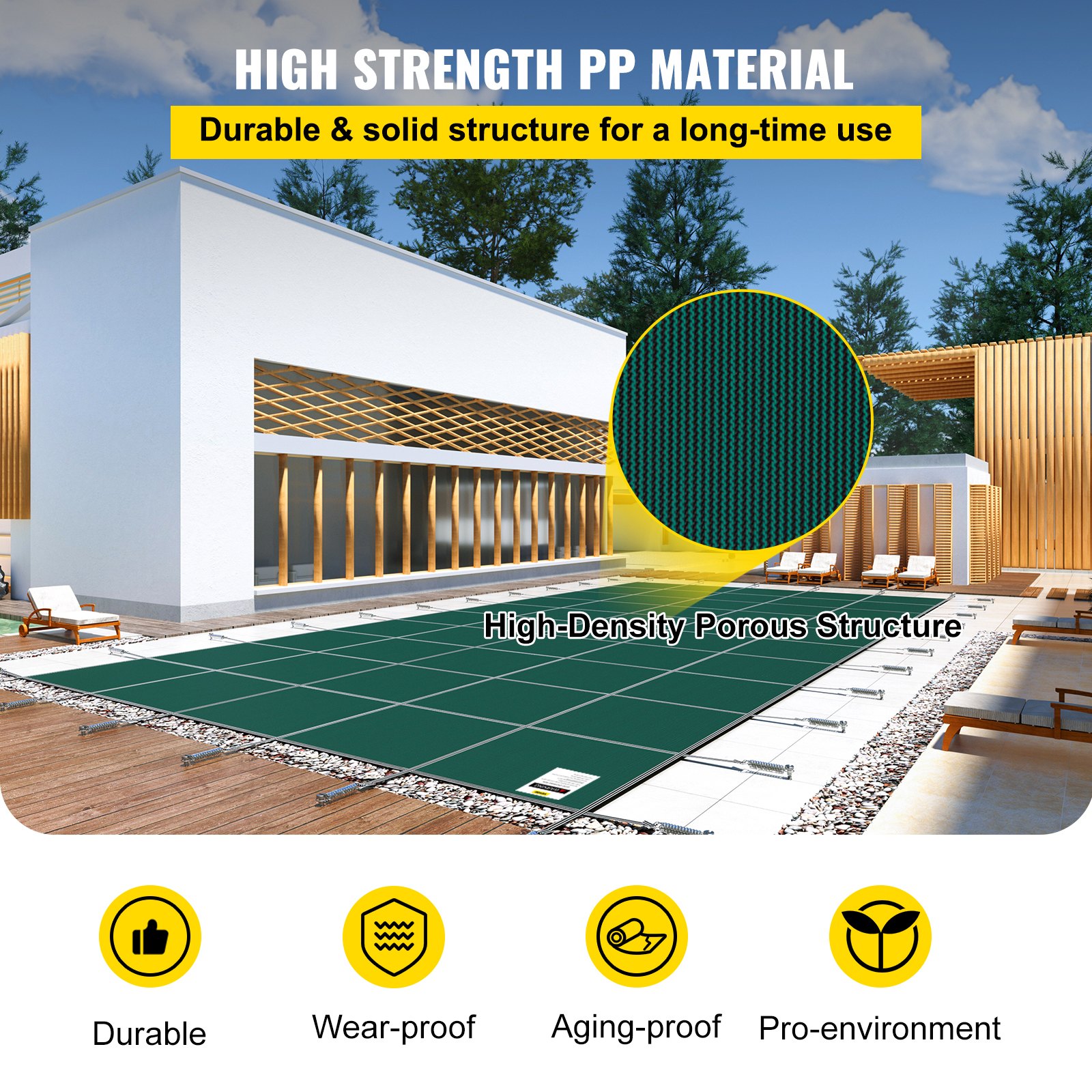 VEVOR pool safety cover with high-density porous, durable, and wear-proof material.