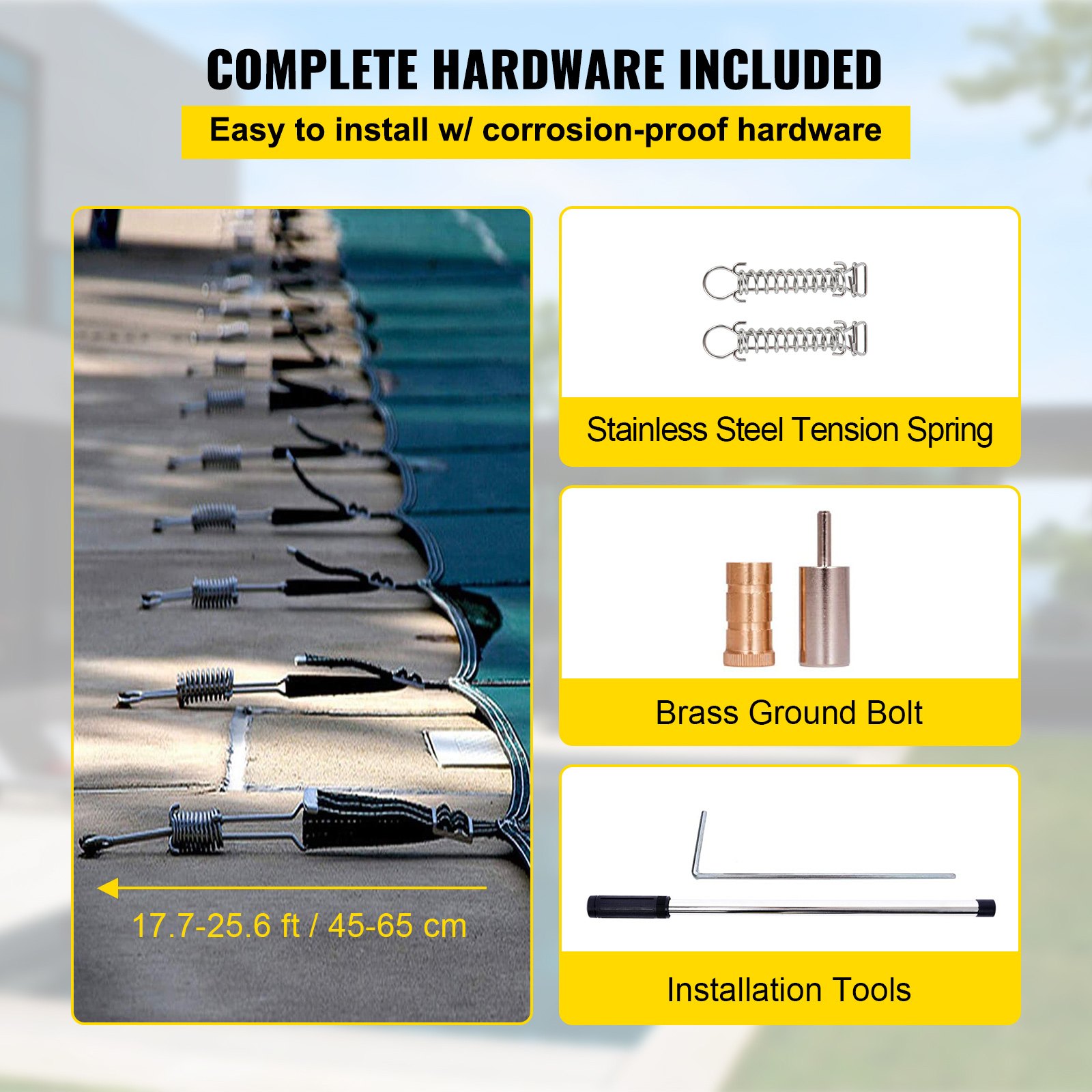 VEVOR pool safety cover with complete installation hardware including tension springs, bolts, and tools.