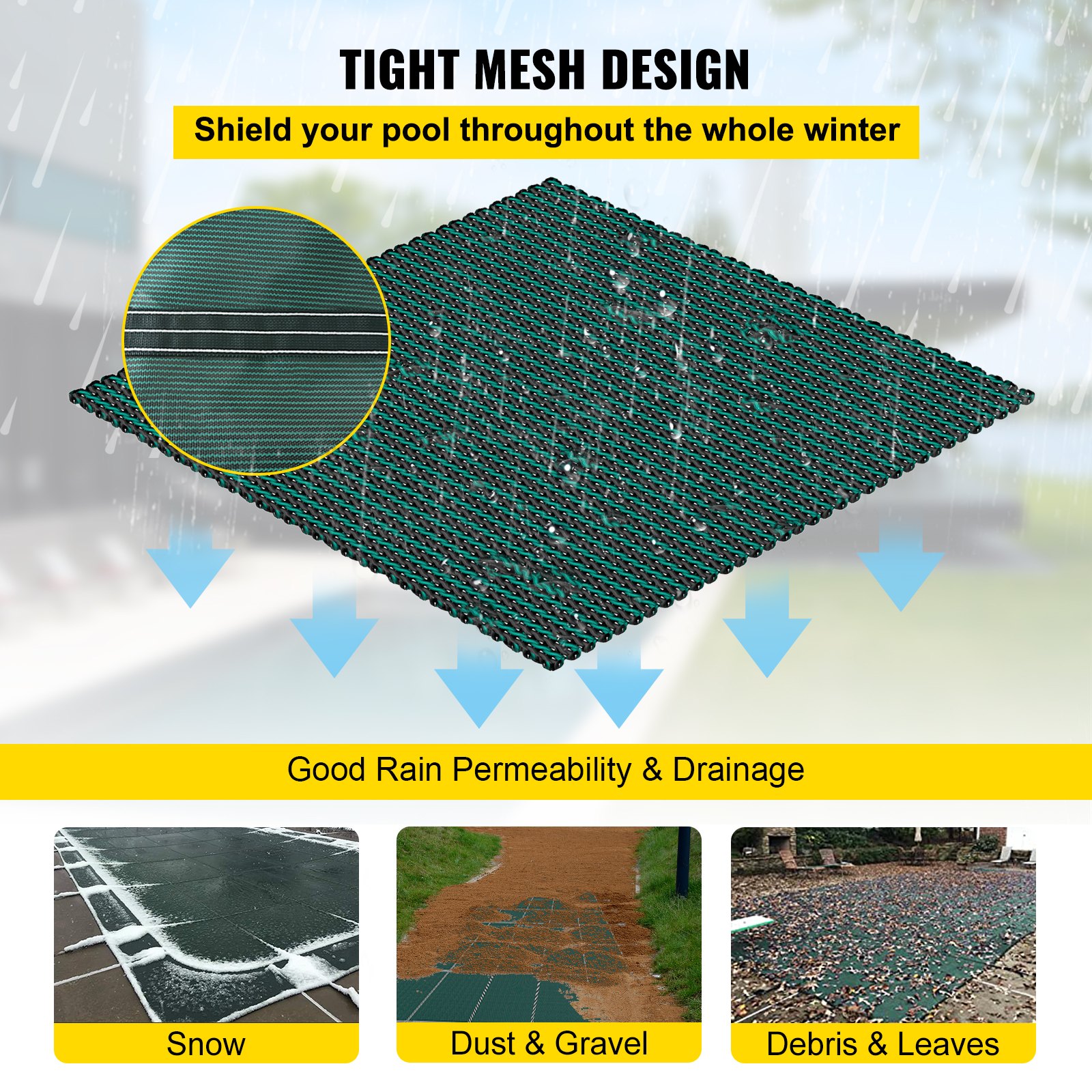VEVOR pool safety cover with tight mesh design for winter protection and drainage.