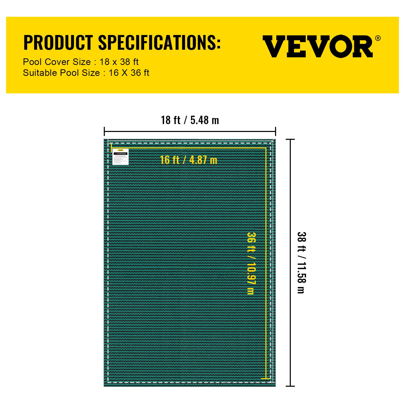 VEVOR pool safety cover dimensions: 18x38 ft, suitable for 16x36 ft pools.