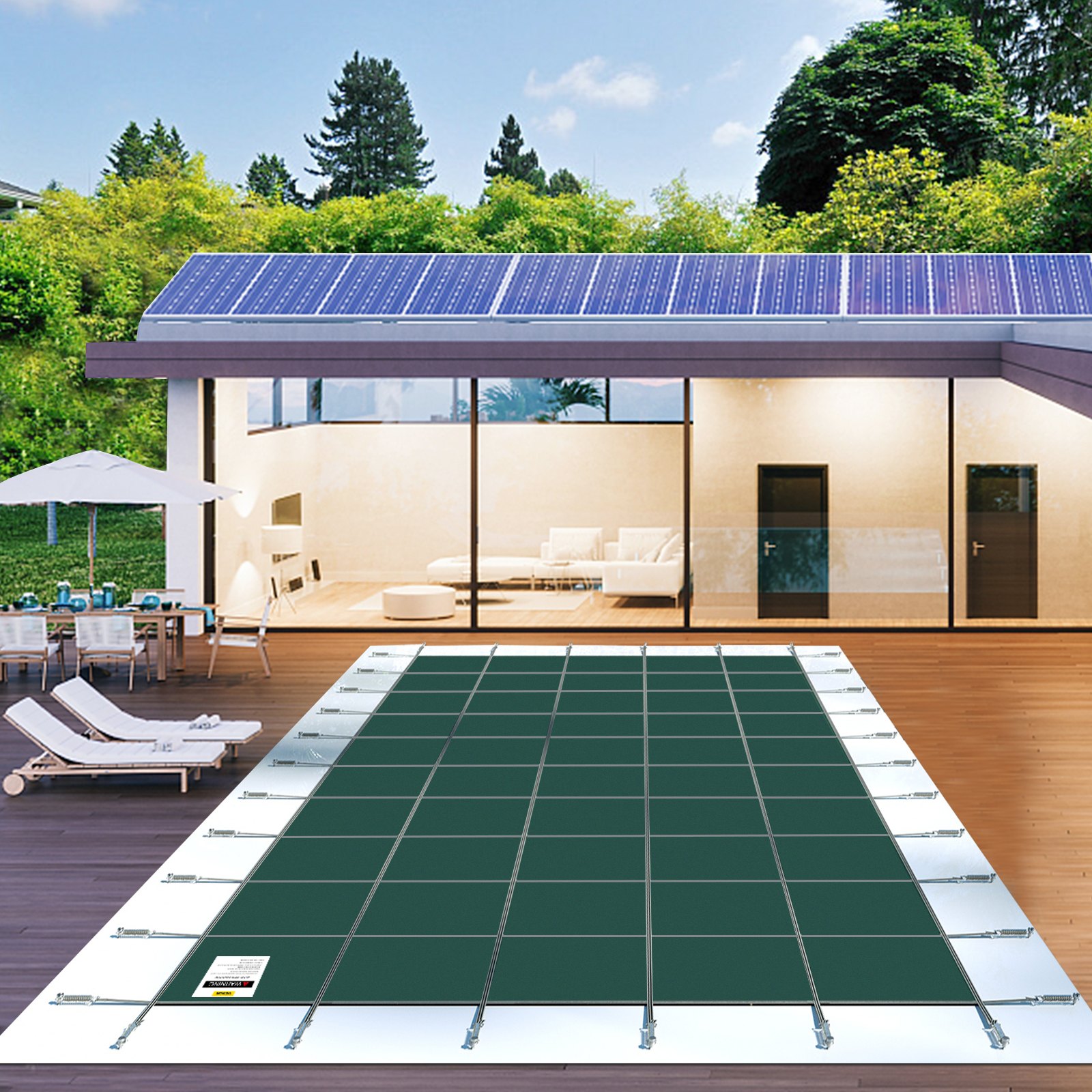 modern house with a VEVOR pool safety cover over an outdoor pool, surrounded by nature.