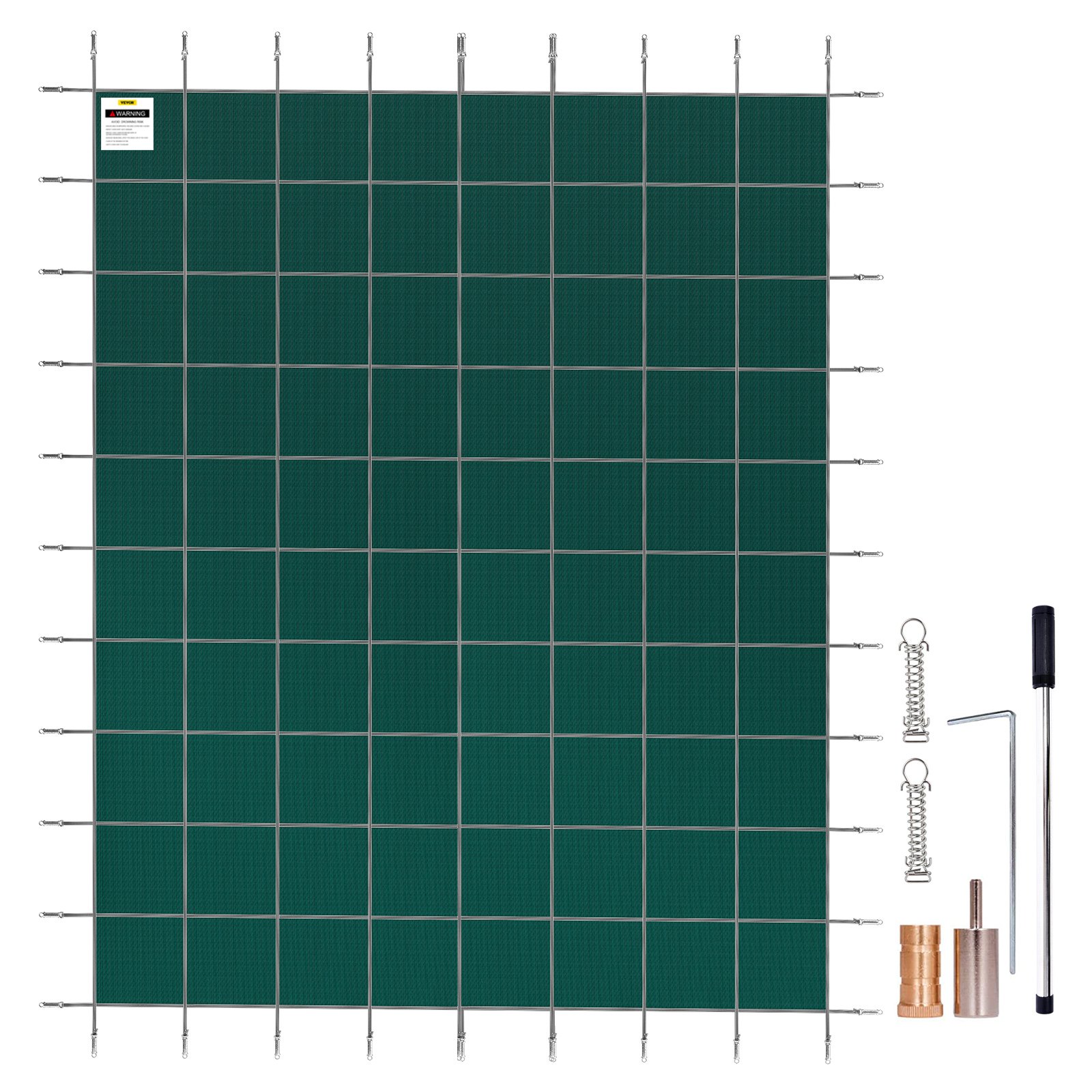 green VEVOR pool safety cover with metal fittings and installation tools.