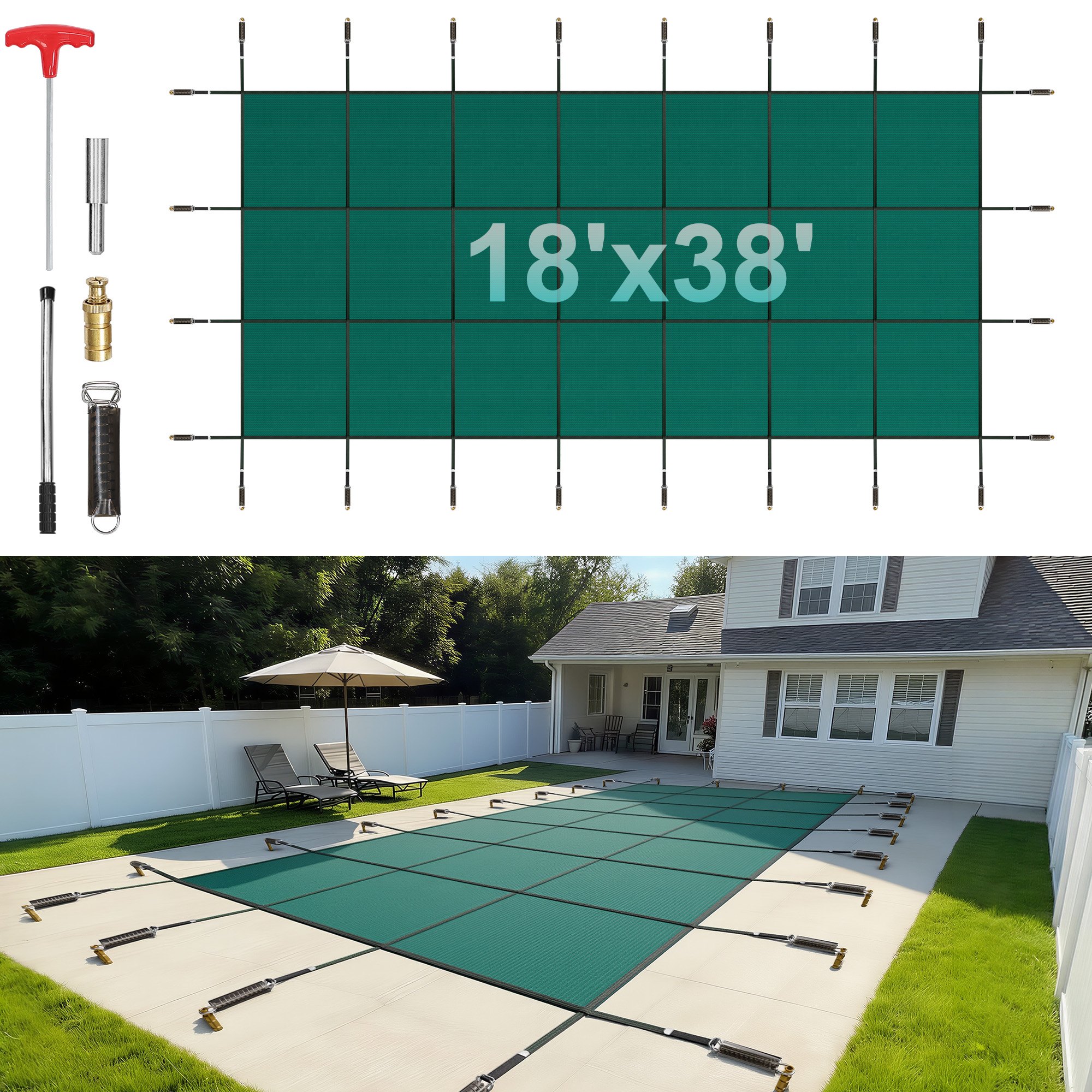 VEVOR Pool Safety Cover 5.5 x11.6 m, Inground Pool Cover fit for 4.9 x11 m Pool, Rectangle Inground Safety Pool Cover Green Mesh Solid Pool Safety Cover for Swimming Pool Winter Safety Cover