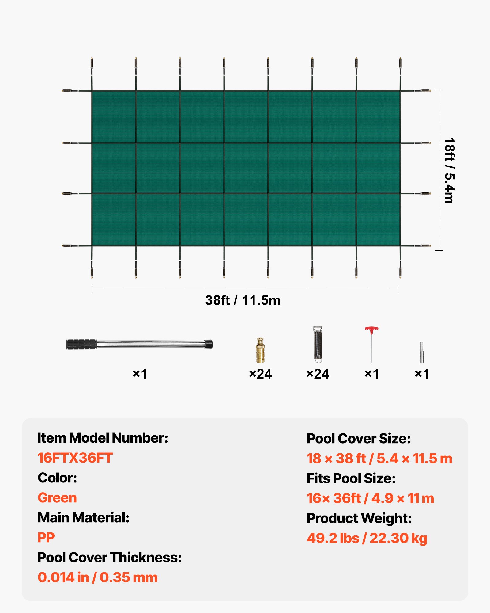 VEVOR Pool Safety Cover 5.5 x11.6 m, Inground Pool Cover fit for 4.9 x11 m Pool, Rectangle Inground Safety Pool Cover Green Mesh Solid Pool Safety Cover for Swimming Pool Winter Safety Cover