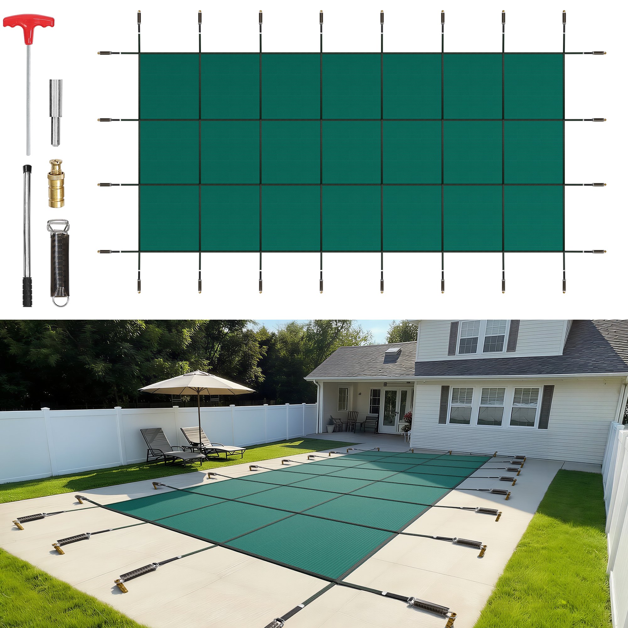 VEVOR Pool Safety Cover 5.5 x11.6 m, Inground Pool Cover fit for 4.9 x11 m Pool, Rectangle Inground Safety Pool Cover Green Mesh Solid Pool Safety Cover for Swimming Pool Winter Safety Cover