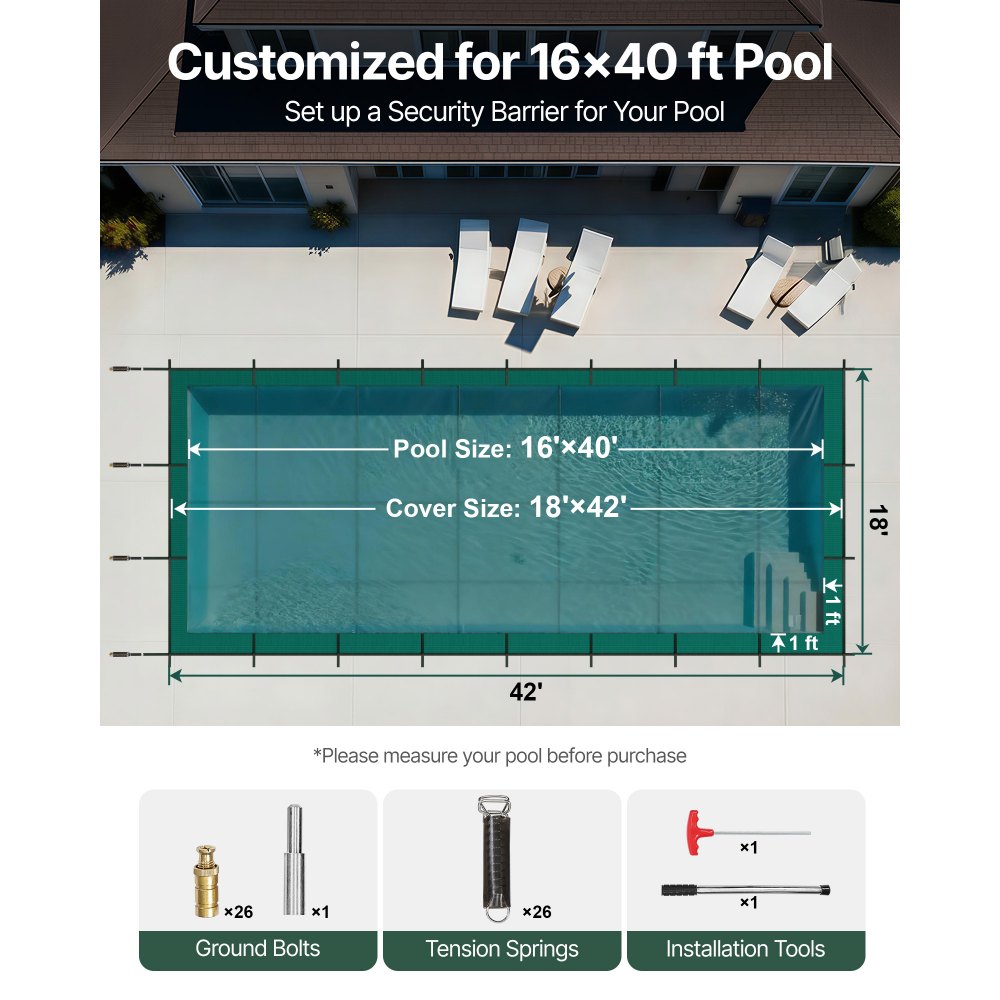 VEVOR Pool Safety Cover 5.5 x12.8 m, Inground Pool Cover fit for 4.9 x12.2 m Pool, Rectangle Inground Safety Pool Cover Green Mesh Solid Pool Safety Cover for Swimming Pool Winter Safety Cover