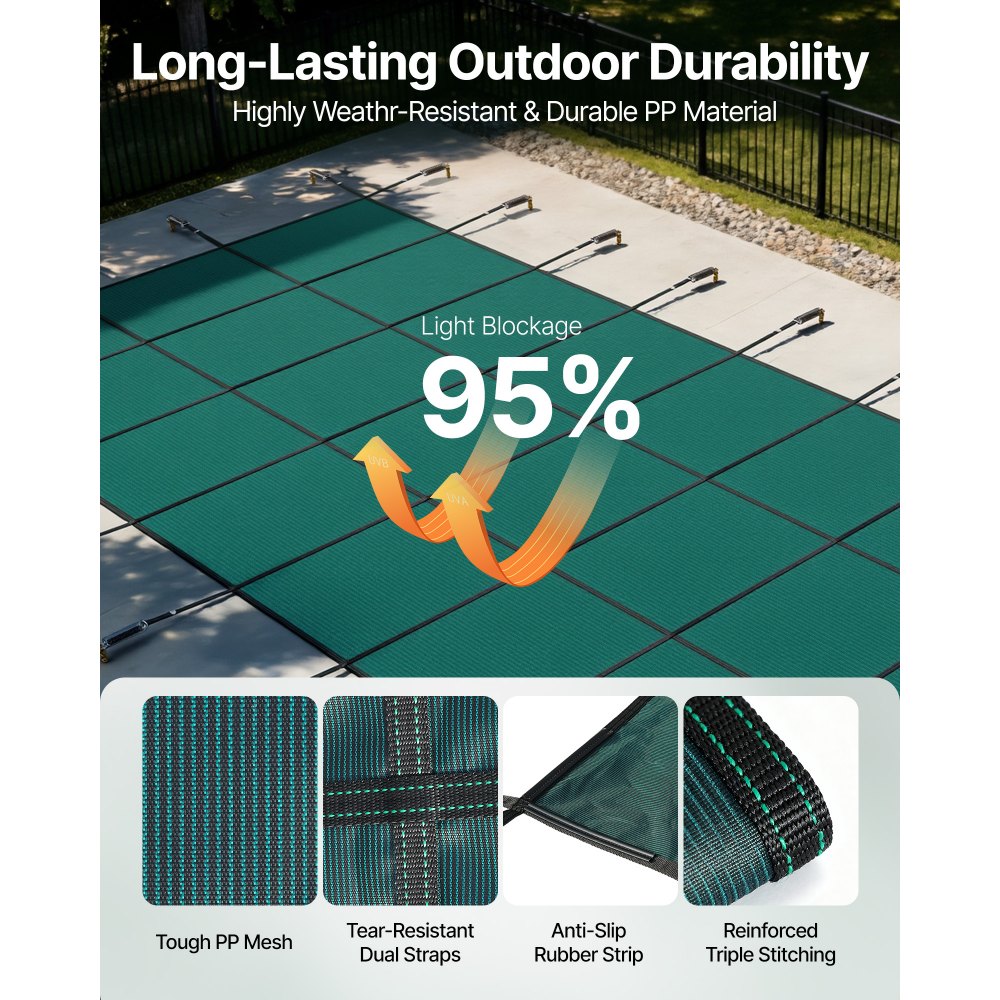 VEVOR Pool Safety Cover 5.5 x12.8 m, Inground Pool Cover fit for 4.9 x12.2 m Pool, Rectangle Inground Safety Pool Cover Green Mesh Solid Pool Safety Cover for Swimming Pool Winter Safety Cover