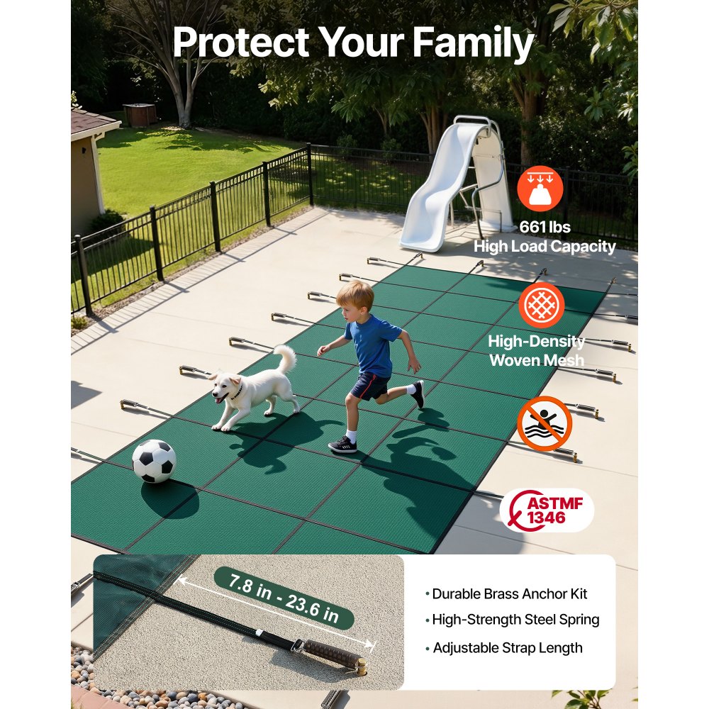 VEVOR Pool Safety Cover 5.5 x12.8 m, Inground Pool Cover fit for 4.9 x12.2 m Pool, Rectangle Inground Safety Pool Cover Green Mesh Solid Pool Safety Cover for Swimming Pool Winter Safety Cover