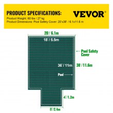 VEVOR Pool Safety Cover Fits 18x36ft Rectangle Inground Pools, Safety Pool Cover with 4x10ft Center End Step, Mesh Solid Pool Cover with Drainage Holes for Swimming Pool, Winter Safety Cover, Green
