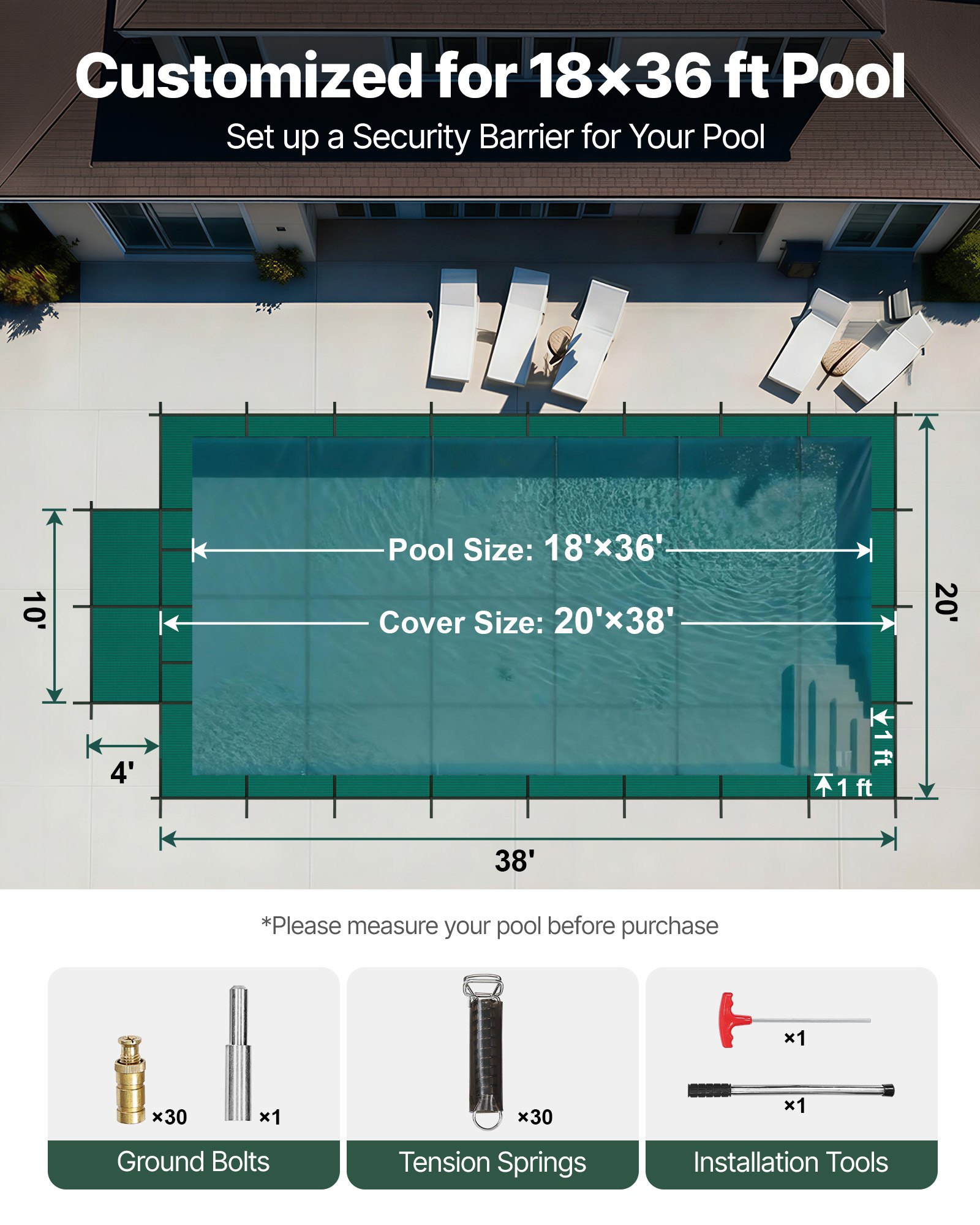 VEVOR Pool Safety Cover Fits 18x36ft Rectangle Inground Pools, Safety Pool Cover with 4x10ft Center End Step, Mesh Solid Pool Cover with Drainage Holes for Swimming Pool, Winter Safety Cover, Green